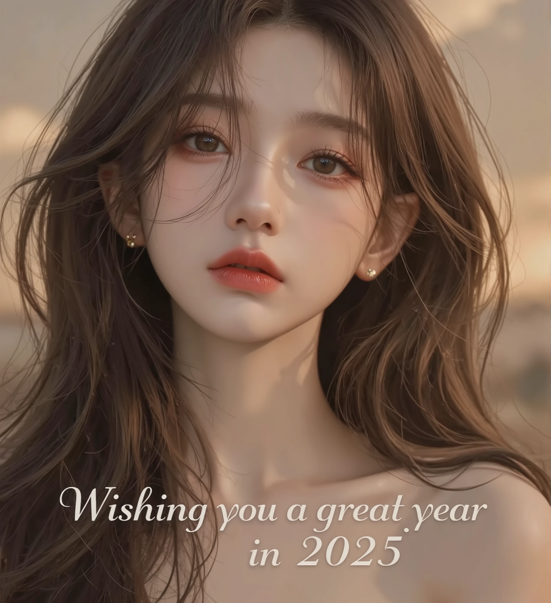 Japan beautiful girl busty gravure idol wearing furisode, Create an image with a visually appealing background, such as a sunrise or a serene landscape. At the bottom of the image, write the text “Wishing you a great year in 2025.” in elegant white font. The text should be centered at the bottom, with sufficient padding from the edge. Use a clean, modern font style that is easy to read, and ensure the text contrasts well with the background.