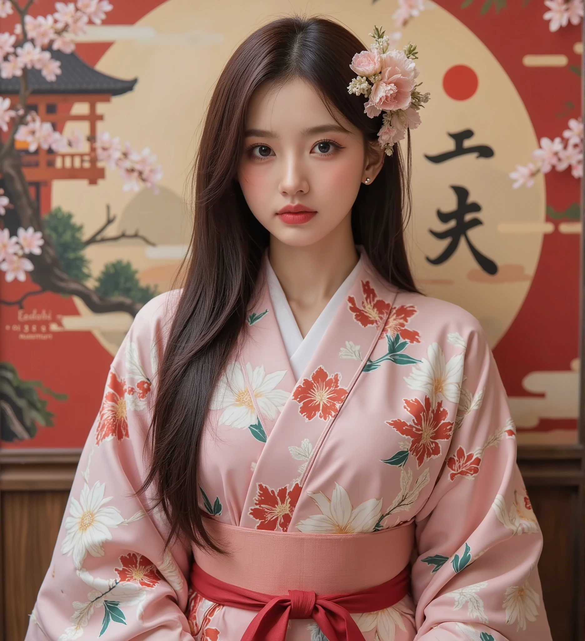 Japanese kimono on the background、((Realistic:1.3))、 happy new year with subtitles、 Japanese