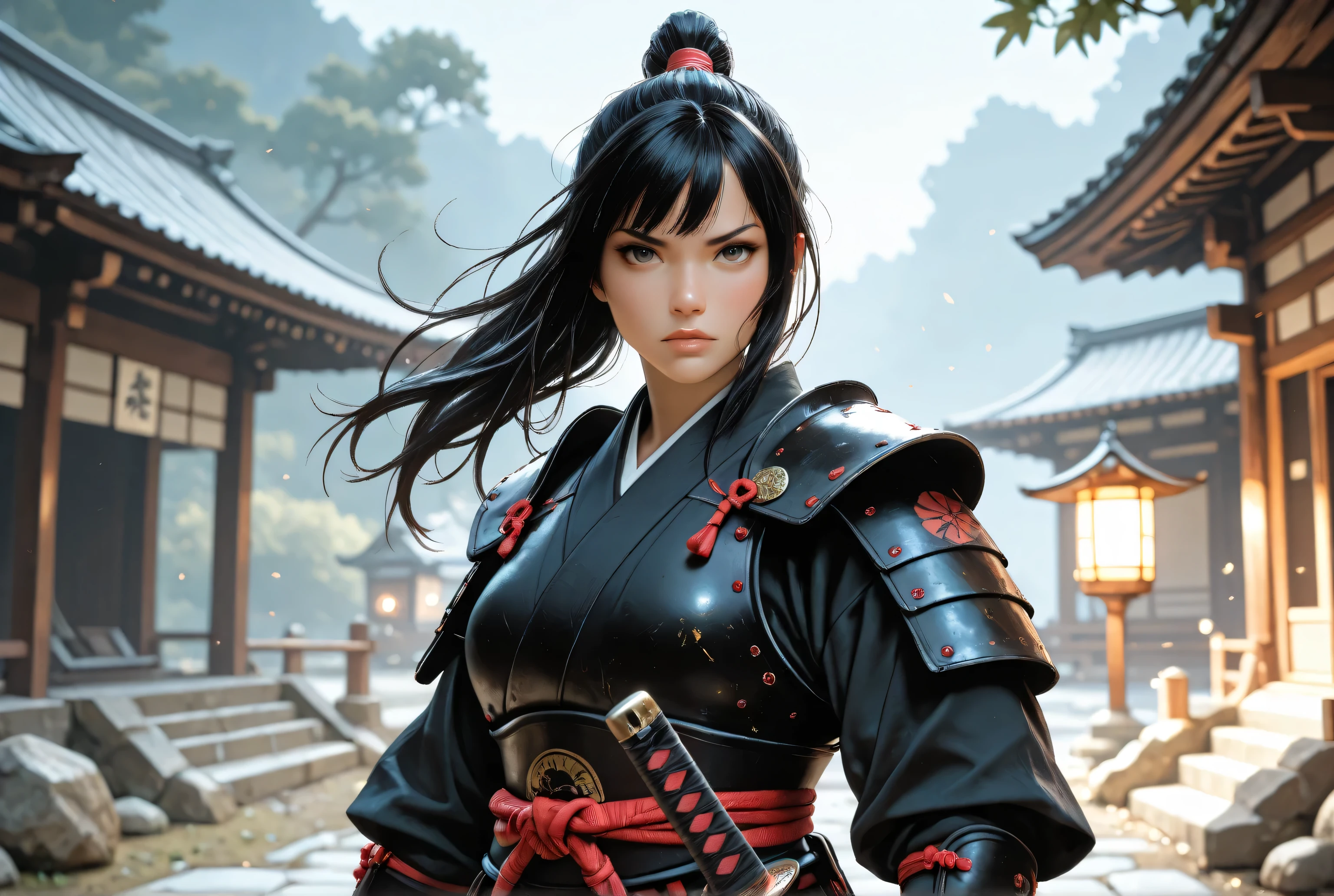 Movie Still,Film Still,Cinematic,Cinematic Shot,Cinematic Lighting,a picture of Japanese female samurai, she has long black hair, wearing samurai armor, armed with a katana, ready for battle, dynamic angle,, Japanese fantasy art, (Masterpiece: 1.5), 16k, highres, best quality, high details, ultra detailed, masterpiece, best quality, (extremely detailed), arafed, dnd art,