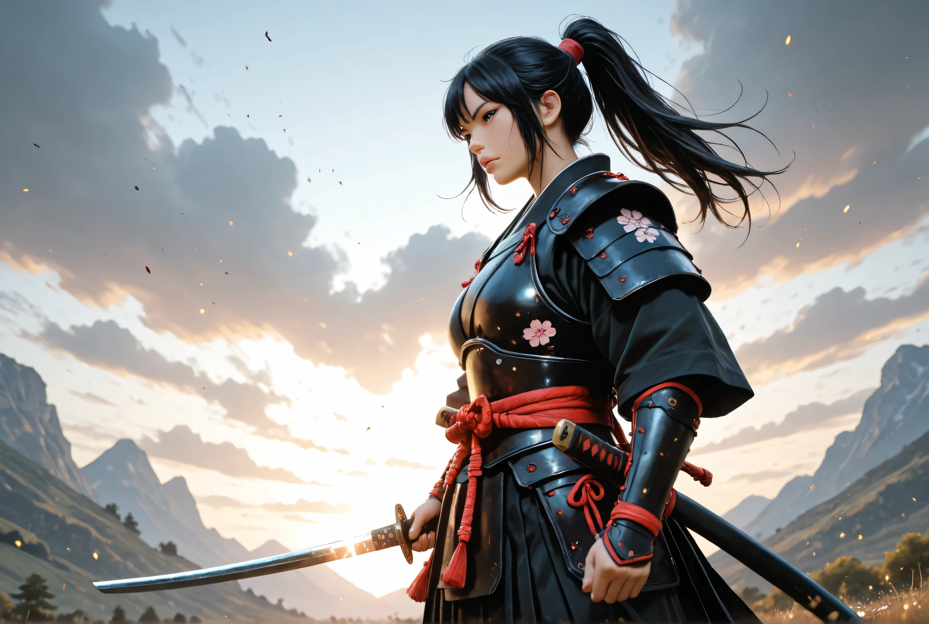 Movie Still,Film Still,Cinematic,Cinematic Shot,Cinematic Lighting,a picture of Japanese female samurai, she has long black hair, wearing samurai armor, armed with a katana, ready for battle, dynamic angle,, Japanese fantasy art, (Masterpiece: 1.5), 16k, highres, best quality, high details, ultra detailed, masterpiece, best quality, (extremely detailed), arafed, dnd art,