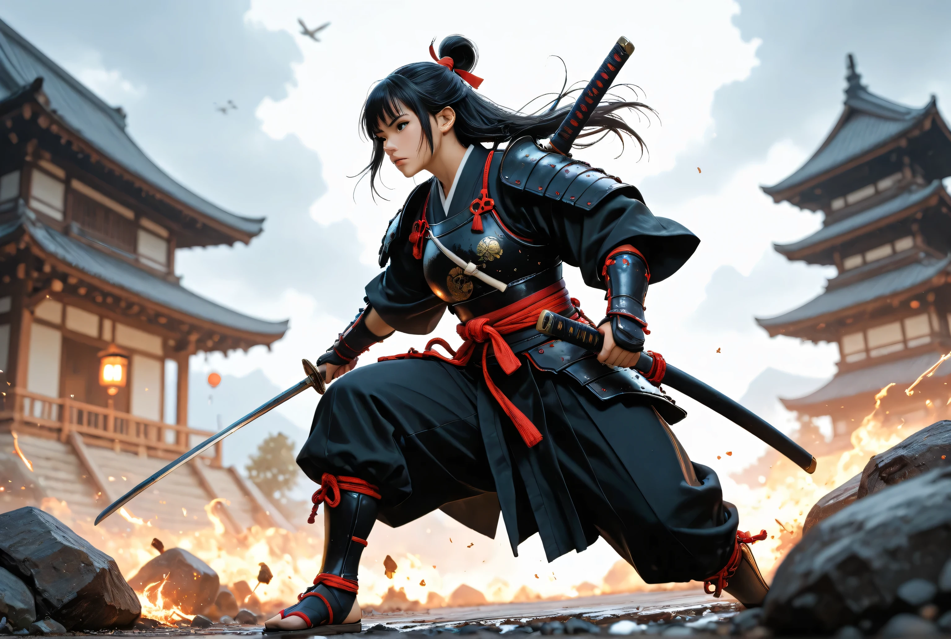Movie Still,Film Still,Cinematic,Cinematic Shot,Cinematic Lighting,a picture of Japanese female samurai, she has long black hair, wearing samurai armor, armed with a katana, ready for battle, dynamic angle,, Japanese fantasy art, (Masterpiece: 1.5), 16k, highres, best quality, high details, ultra detailed, masterpiece, best quality, (extremely detailed), arafed, dnd art,