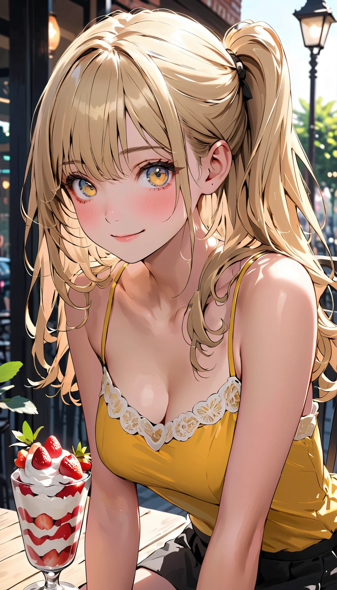 masterpiece, top-quality, ultra-high resolution, ultra detailed, realistic, photorealistic, 
beautiful detailed hair, (very detailed face:1.3), , (detailed eyes:1.3), detailed background, 
1 girl, high school girl, 17 years old, babyface, cute face:1.2, shiny skin, super detailed skin, tiny, 
(semi-long hair, side ponytail, blonde hair), asymmetrical bangs, light brown eyes, long eyelashes, (,  thighs), slender, outstanding style, 
detailed cloth texture, break (yellow camisole), break (black mini skirt), break simple accessories, 
evening, cafe terrace seat, (strawberry parfait: 1.5), sitting, (lovely smile, shy, embarrassed, upper eyes), 