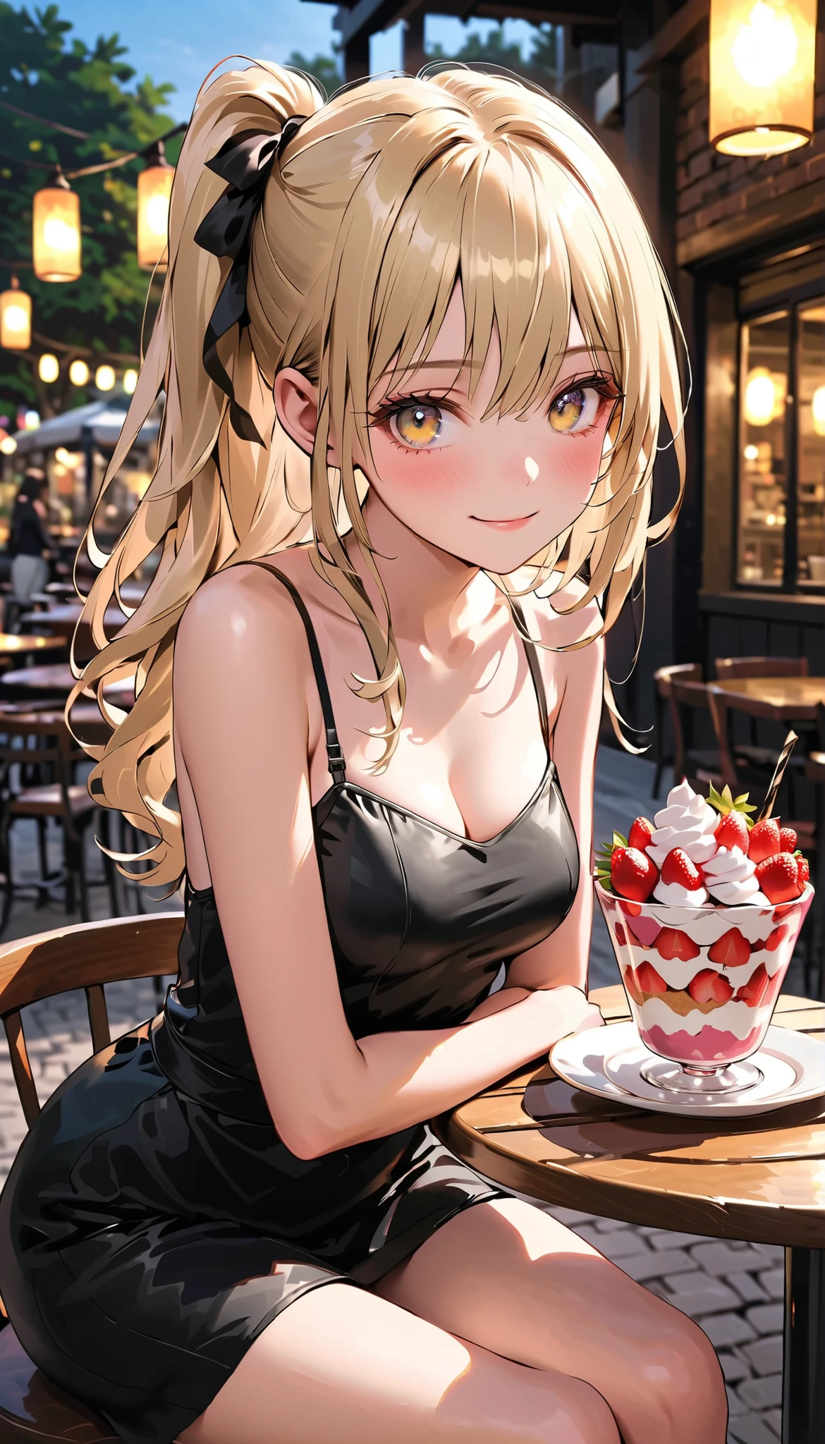 masterpiece, top-quality, ultra-high resolution, ultra detailed, realistic, photorealistic, 
beautiful detailed hair, (very detailed face:1.3), , (detailed eyes:1.3), detailed background, 
1 girl, high school girl, 17 years old, babyface, cute face:1.2, shiny skin, super detailed skin, tiny, 
(semi-long hair, side ponytail, blonde hair), asymmetrical bangs, light brown eyes, long eyelashes, (,  thighs), slender, outstanding style, 
detailed cloth texture, break (yellow camisole), break (black mini skirt), break simple accessories, 
evening, cafe terrace seat, (strawberry parfait: 1.5), sitting, (lovely smile, shy, embarrassed, upper eyes), 