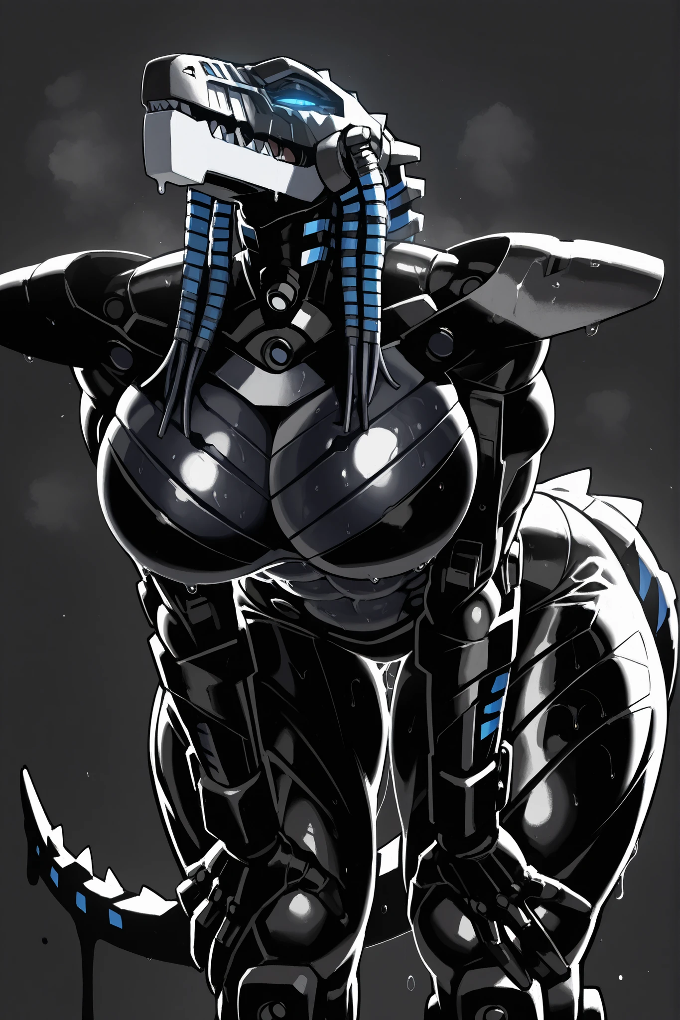 masterpiece, best quality, amazing quality, very aesthetic, high resolution, highly detailed, high quality, krekkov style, score_9, score_8_up, score_7_up , solo, muscular, roodaka, bionicle, anthro, dinosaur, lidded eyes, annoyed, glowing eyes, seductive pose, abs , breasts exposure, narrow waist, shiny body, metallic body, oiled body, jewelry, clothed, standing, massive breasts, massive thighs, sweaty, dripping, tail, bent over, arched back