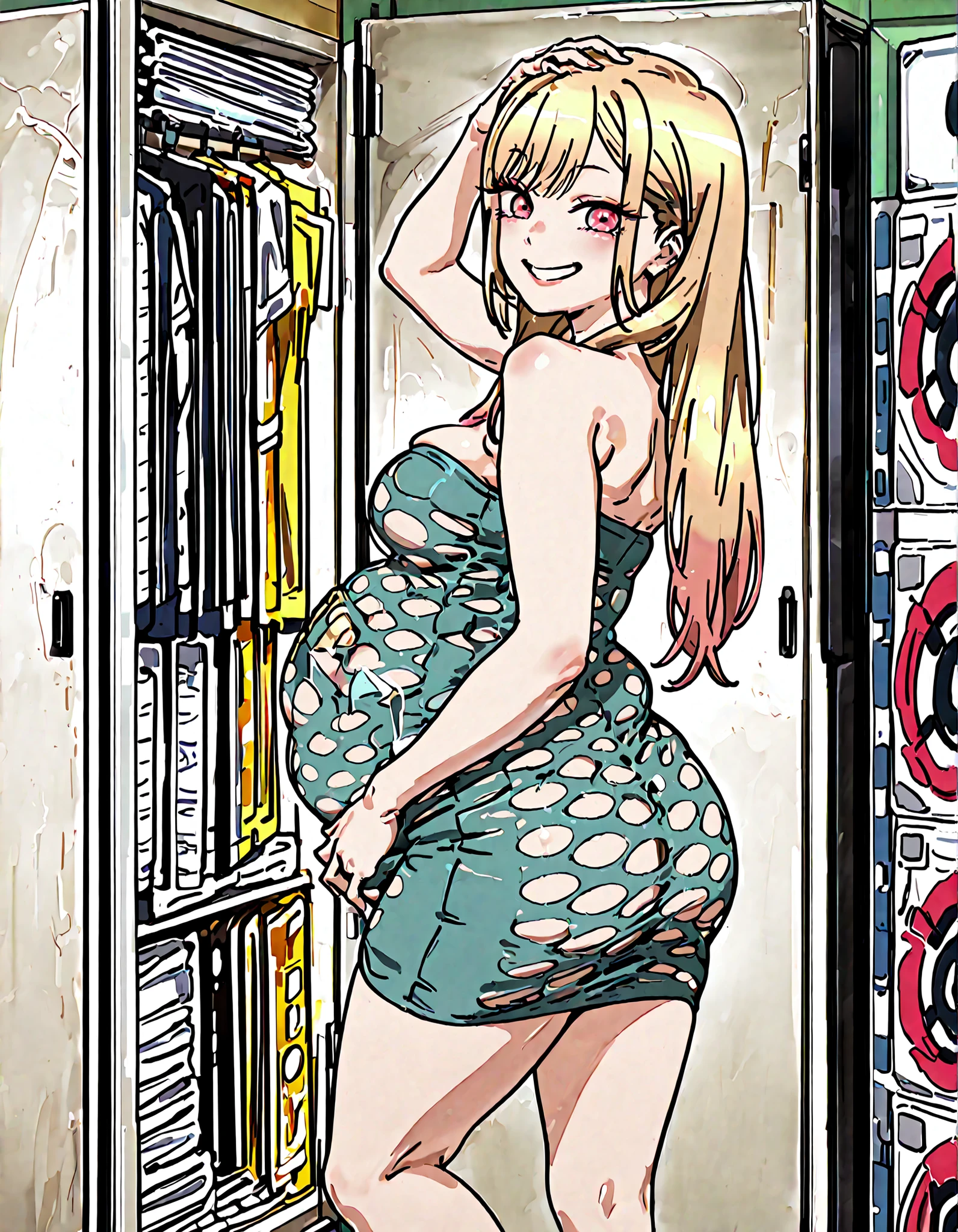 masterpiece, best quality, amazing quality, very aesthetic, high resolution, newest, score_9, score_8_up, score_7_up,source_anime,BREAK, 1girl, (Marin kitagawa, kitagawa Marin, blonde, red eyes, long hair, multicolored hair), (standing, hand on back, hand on head, on one leg, one leg slightly bent, off balance), ((strapless pothole tube dress aqua dress, strapless dress)), cleavage, big breasts, BREAK, chubby, athletic, stuffed belly, chubby belly, fat belly, clothed belly, belly rolls, BREAK, ((smiling, grin)), looking back at viewer, looking sideways, indoors, changing room, (angled view, angled profile)