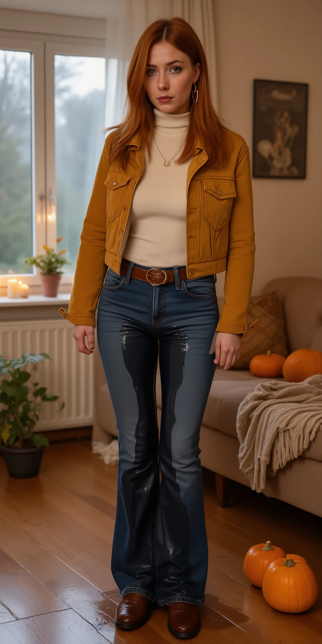 peed, large water stain, 1girl, 8k high resolution, best quality, youthful Norwegian female, long straight copper red hair with curtain bangs, smooth forehead, hazel eyes, fair skin with freckles, slim hourglass figure, C-cup bust, cream tucked-in turtleneck top, dark blue high-rise flared jeans fully soaked with wide spreading water stain, darkened denim from waist to hem, wet fabric clinging to hips and thighs, reflective moisture sheen, dripping from flared cuffs onto the floor, brown leather belt with round buckle, dark brown loafers slightly damp at edges, mustard yellow cropped corduroy jacket, round gold earrings, vintage-inspired necklace, warm-toned natural makeup with winged eyeliner and terracotta lipstick, retro vintage Scandinavian fashion, cozy indoor apartment with wooden flooring, warm amber lighting, beige and brown decor, candles on windowsill, plaid wool blanket on sofa, pumpkins and autumn leaves as seasonal decoration, potted plants, October evening atmosphere, realistic soaked clothing effect, tense and embarrassed posture