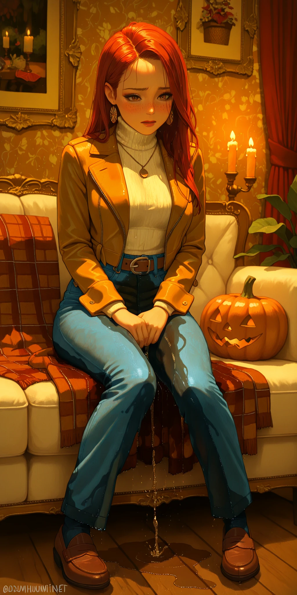 1girl, wetting self, desperation, holding crotch, large water stain, masterpiece, best quality, newest, absurdres, highres, youthful Norwegian female, long straight copper red hair with curtain bangs, smooth forehead, hazel eyes, fair skin with freckles, slim hourglass figure, C-cup bust, cream tucked-in turtleneck top, dark blue high-rise bellbottom jeans fully soaked with wide spreading water stain, darkened denim from waist to hem, wet fabric clinging to hips and thighs, reflective moisture sheen, dripping from flared cuffs onto the floor, brown leather belt with round buckle, dark brown loafers slightly damp at edges, mustard yellow cropped corduroy jacket, round gold earrings, vintage-inspired necklace, warm-toned natural makeup with winged eyeliner and terracotta lipstick, retro vintage Scandinavian fashion, cozy indoor apartment with wooden flooring, warm amber lighting, beige and brown decor, candles on windowsill, plaid wool blanket on sofa, pumpkins and autumn leaves as seasonal decoration, potted plants, October evening atmosphere, realistic soaked clothing effect, tense and embarrassed posture