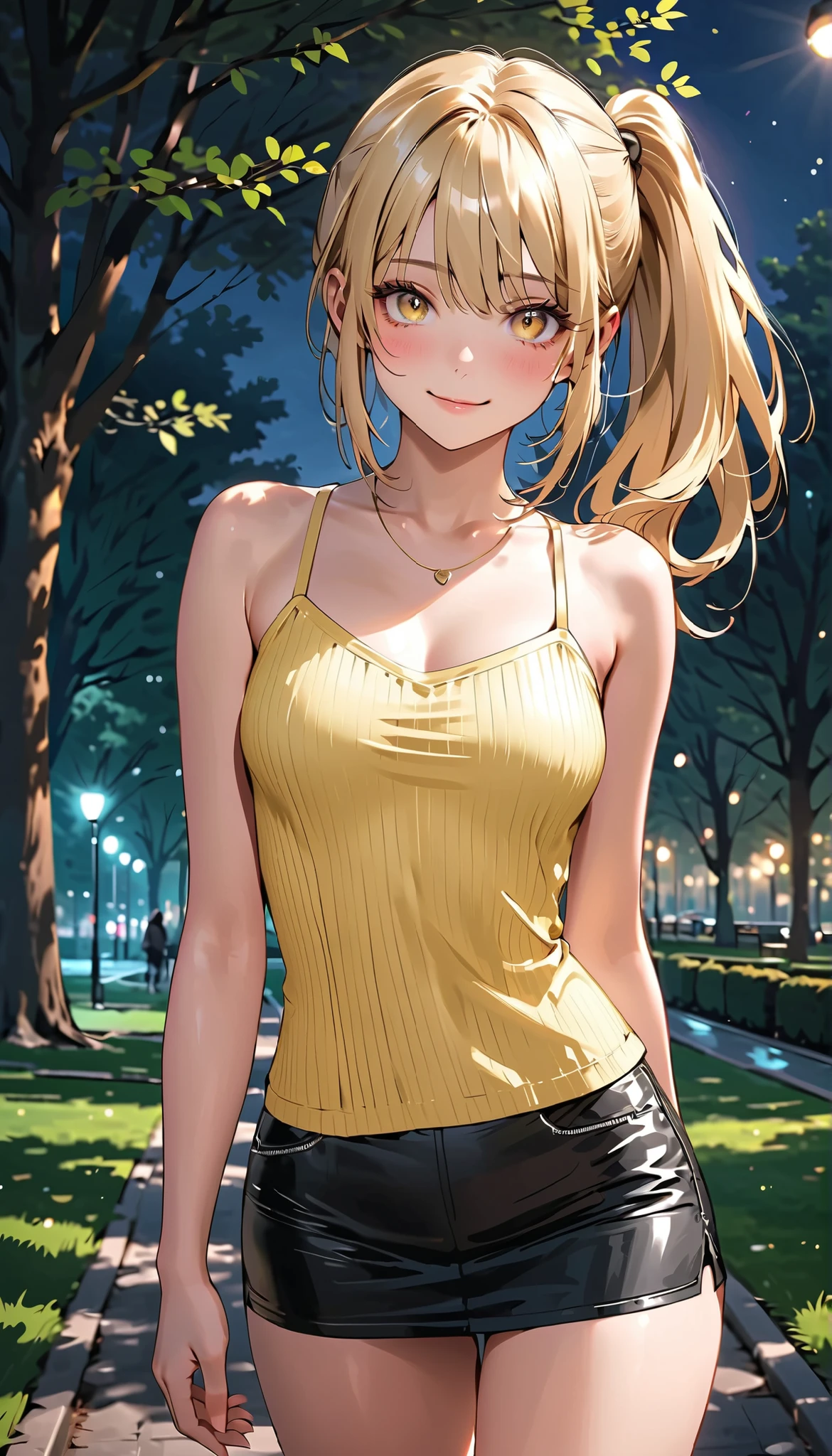 masterpiece, top-quality, ultra-high resolution, ultra detailed, realistic, photorealistic, 
beautiful detailed hair, (very detailed face:1.3), , (detailed eyes:1.3), detailed background, 
1 girl, high school girl, 17 years old, babyface, cute face:1.2, shiny skin, super detailed skin, tiny, 
(semi-long hair, side ponytail, blonde hair), asymmetrical bangs, light brown eyes, long eyelashes, (,  thighs), slender, outstanding style, 
detailed cloth texture, break (yellow camisole), break (black mini skirt), break simple accessories, 
(night), (park:1.5), walking, (lovely smile, shy, embarrassed, upper eyes), 