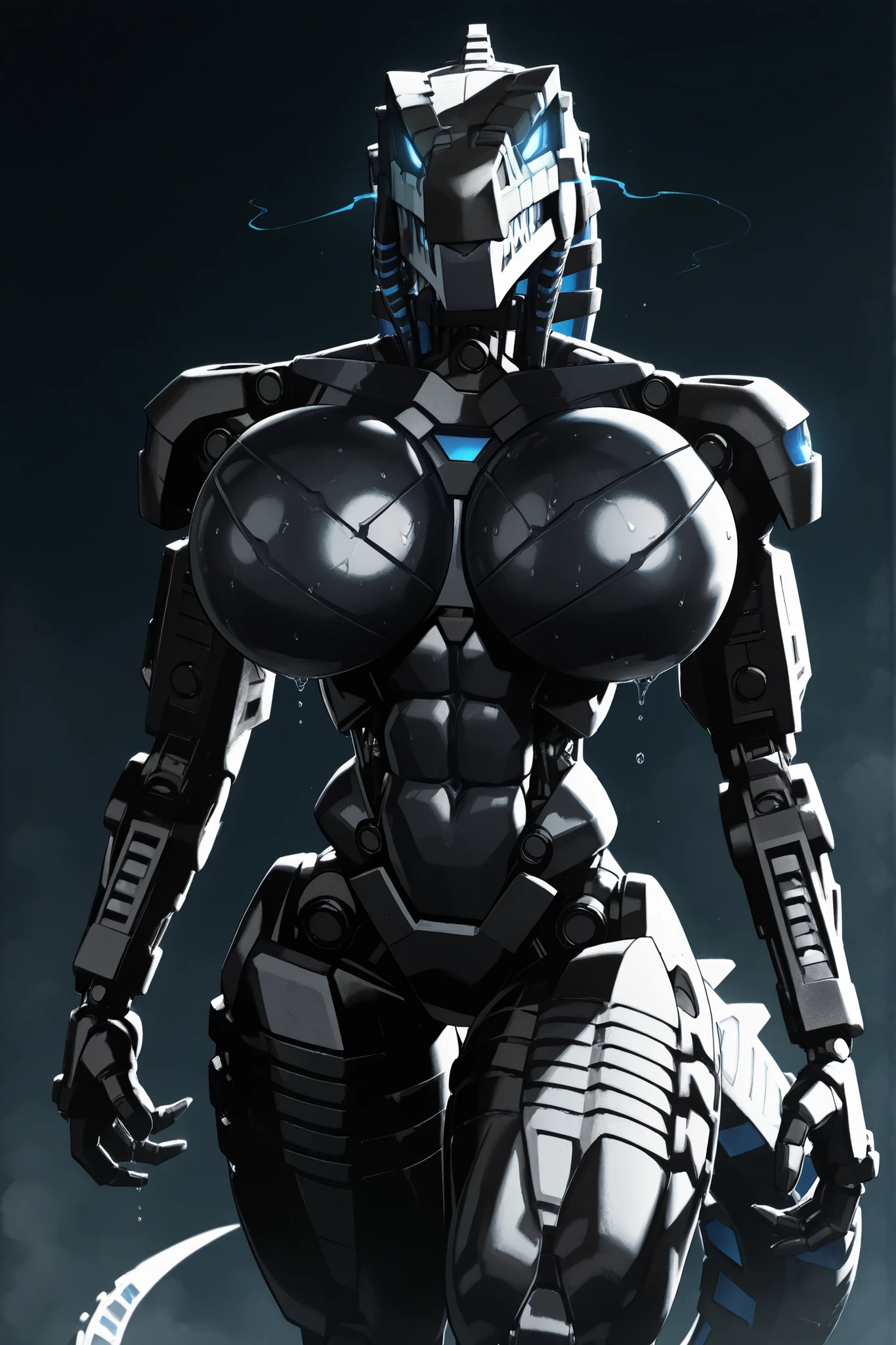 l3g0, masterpiece, best quality, amazing quality, very aesthetic, high resolution, highly detailed, high quality, krekkov style, score_9, score_8_up, score_7_up , solo, muscular, roodaka, bionicle, anthro, dinosaur, lidded eyes, annoyed, glowing eyes, seductive pose, abs , breasts exposure, narrow waist, shiny body, metallic body, oiled body, jewelry, clothed, standing, massive breasts, massive thighs, sweaty, dripping, tail