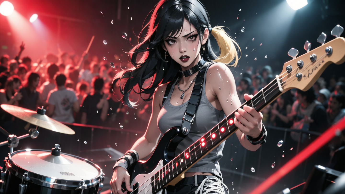 (Realisttic:1.2), analog photo style, (cute Tifa Lockhart, playing  guitar), detailed face and eyes, best quality textures, punk style, leather skirt, tattoo on left shoulder, headphones, cinematic lighting, cgi, colored bob hair, perfect , in concert, hairshakes, great dinamic photo, great quality, Masterpiece, intricate steam body, rock'n'roll  aesthetic, 16k quality, analog photo style, RAW photo