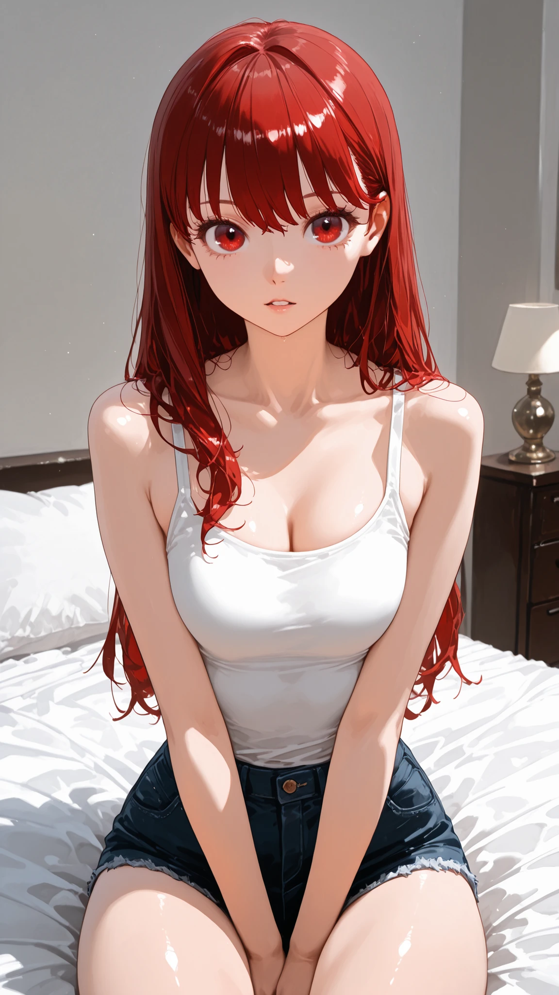 1 girl,Yoshizawa Kasumi,(Straight long:1.7),(Light is reflected in the eyes:1.5),short bang,masterpiece:1.3,new,((slender:1.4))),normal chest:1.3,Highest Quality:1.3,赤い髪、dark red eyes:1.3,Wear it(赤い髪:1.4),((beautiful eyes:1.3)),My Room,beautiful thighs、thin thighs:1.3.(:1.6),(.6)),((sitting on bed:1.3)),slender:1.3,parted lips:1.3,8k:1.2,(((Side Shot:1.3))),(hands between legs:1.7),(plain white tank top:1.5),shirt in ブラ紐:1.3,(Short denim:1.3),(big eyes:1.3),(catchlight／For the right eye:1.6),