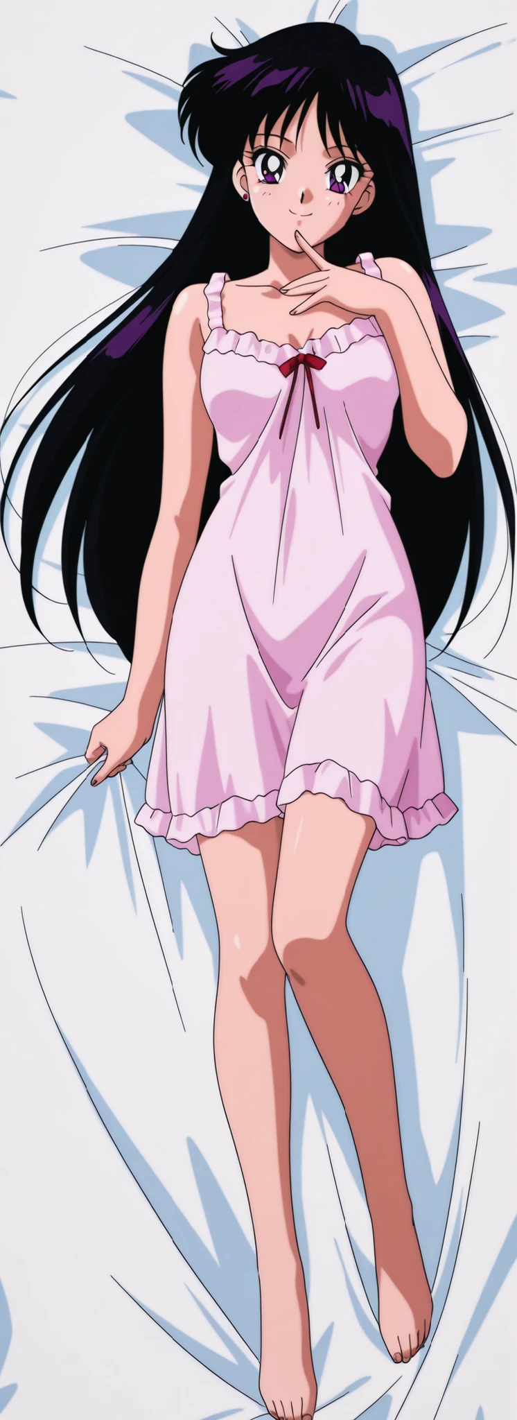itou_ikuko,masterpiece,best quality,good quality, 1990s (style), anime coloring, retro_artstyle, 1girl, rei hino, hino rei, black hair, long hair, purple eyes, parted bangs, retro artstyle, mature female, small breasts, anime screencap, solo, looking at viewer, smile, white nightgown,full body, simple white background, for Dakimakura on bed,