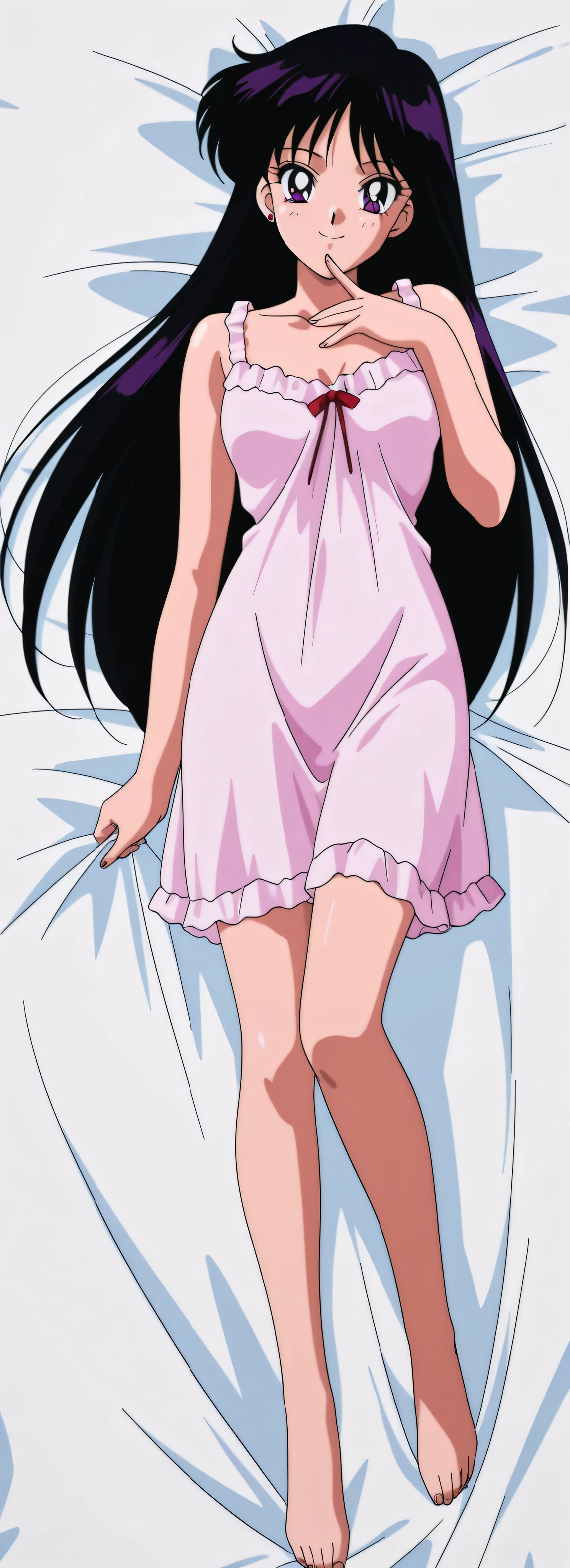 itou_ikuko,masterpiece,best quality,good quality, 1990s (style), anime coloring, retro_artstyle, 1girl, rei hino, hino rei, black hair, long hair, purple eyes, parted bangs, retro artstyle, mature female, small breasts, anime screencap, solo, looking at viewer, smile, white nightgown,full body, simple white background, for Dakimakura on bed,