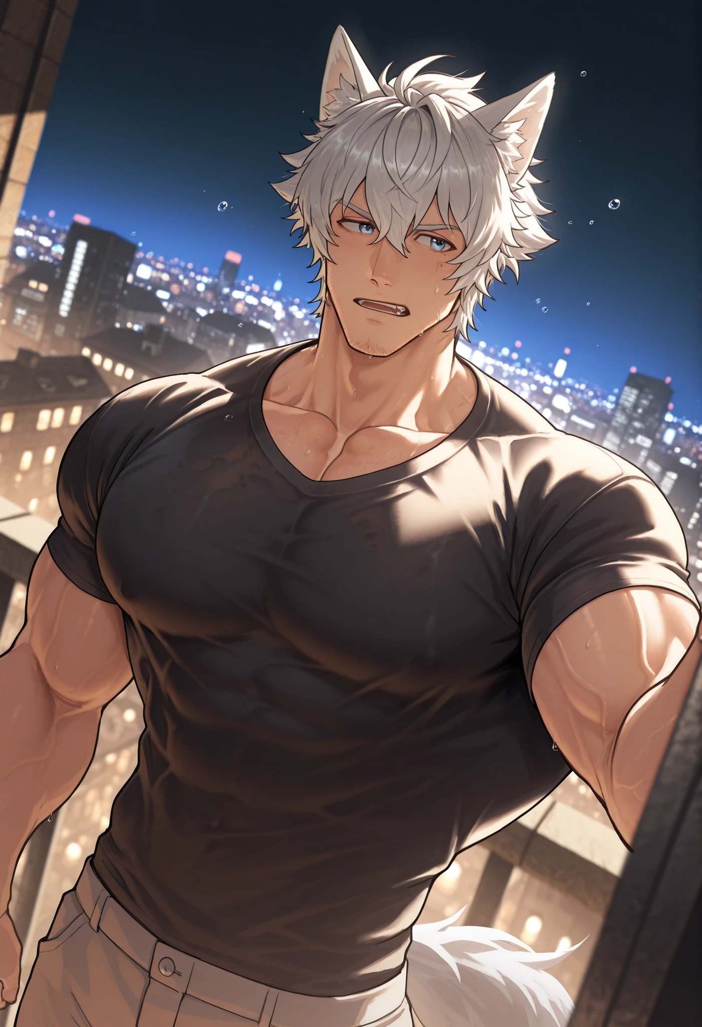 1 , alone)), wolf ears and tail, wearing a jacket, with a black shirt, looking at the city lights, in a city at night, city lights, looking the city lights, view from a good angle , water droplets in the air, high resolution, masterpiece, ((short hair )) perspective correction,(( , thoughtful look )) , anatomically correct muscles, white spiky hair, male focus , (well-detailed blue eyes , well done)) focus on the eyes), large pectorals, shaded, (masterpiece:1.35), (muy estético, best quality:1.3), shaded detallado, C, shaded realista, very detailed, masterful composition , cinematic and natural lighting, well done better result, background in a city, detailed colors