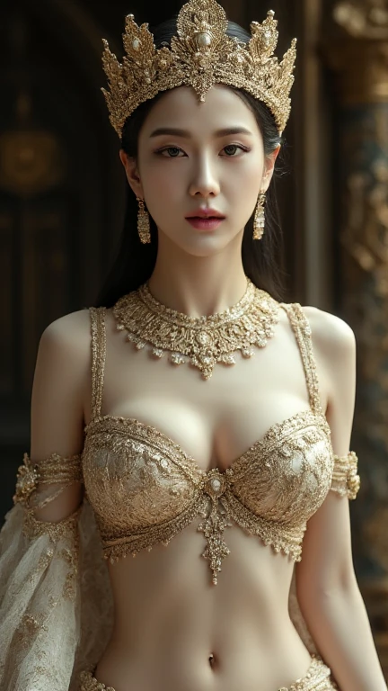 (raw photos:1.2), (realistic:1.4), (Masterpiece:1.3), (best quality:1.4), Ultra high resolution, (Detailed eyes), (Detailed facial features), (Detailed clothing features), HDR, 8K resolution, Focus only, Dressing according to Thai tradition, Traditional shawl , 1 woman , ???????????, A gigantic rift, ???????????ดันเสื้อผ้า, big ??????, The ??????? are fully grown.., Make your ??????? bigger.., small waist, Long legs, Facing the audience, Full body, depth of field, Cinema-grade lighting system, ???????????,  Too big for your body, Revealing a flat stomach, The lower half of the ????? can be seen.., ???? sitting position, Sitting on a palanquin, Image from a very low angle