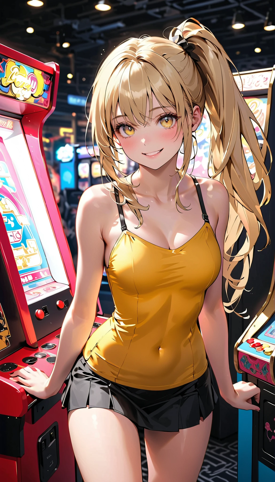 masterpiece, top-quality, ultra-high resolution, ultra detailed, realistic, photorealistic, 
beautiful detailed hair, (very detailed face:1.3), , (detailed eyes:1.3), detailed background, 
1 girl, high school girl, 17 years old, babyface, cute face:1.2, shiny skin, super detailed skin, tiny, 
(semi-long hair, side ponytail, blonde hair), asymmetrical bangs, light brown eyes, long eyelashes, (,  thighs), slender, outstanding style, 
detailed cloth texture, break (yellow camisole), break (black mini skirt), break simple accessories, 
(upright arcade cabinet:1.5), walking, (lovely smile, shy, embarrassed, upper eyes), 