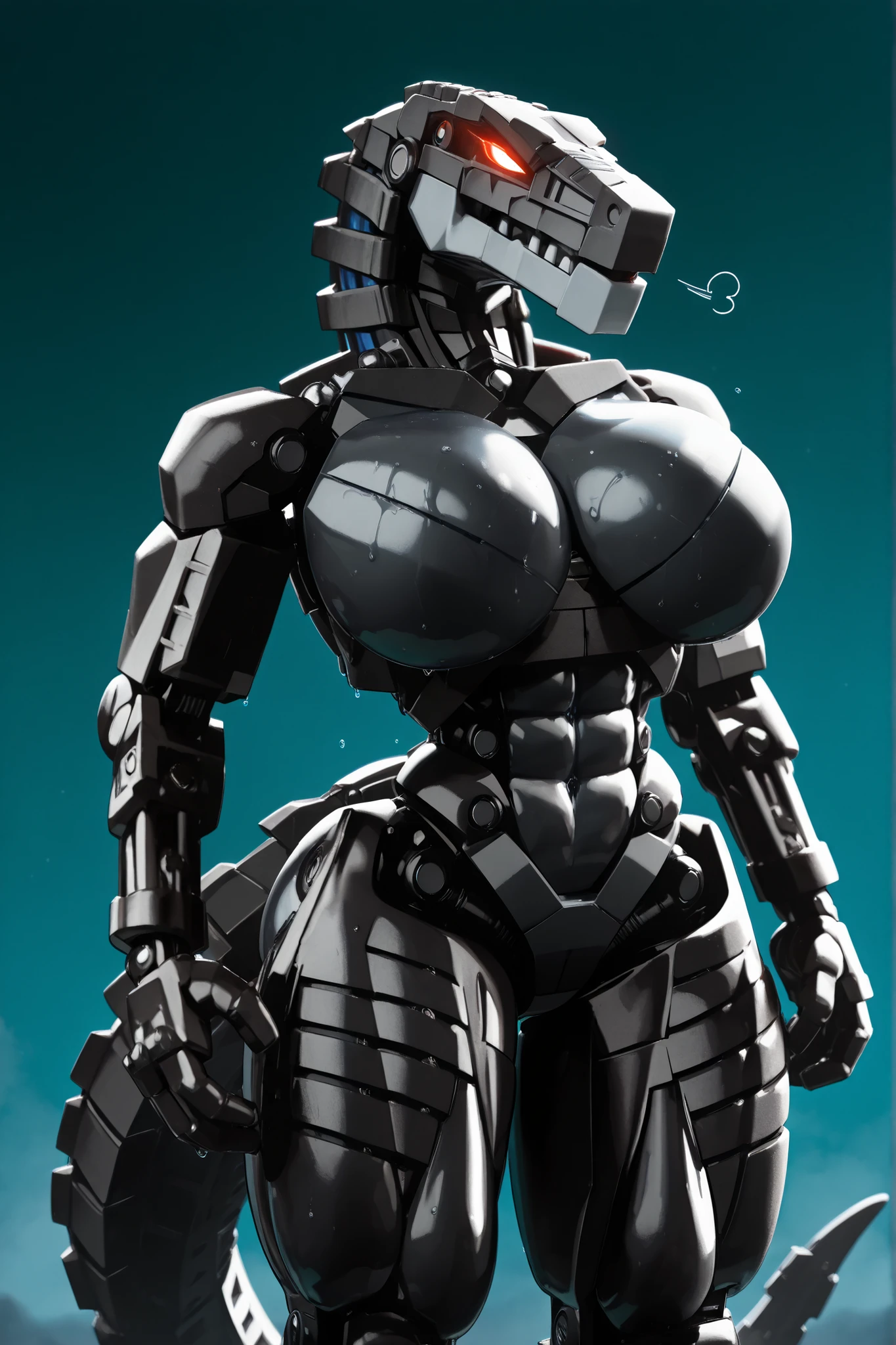 l3g0, masterpiece, best quality, amazing quality, very aesthetic, high resolution, highly detailed, high quality, krekkov style, score_9, score_8_up, score_7_up , solo, muscular, roodaka, bionicle, anthro, dinosaur, lidded eyes, annoyed, glowing eyes, seductive pose, abs , breasts exposure, narrow waist, shiny body, metallic body, oiled body, jewelry, clothed, standing, massive breasts, massive thighs, sweaty, dripping, tail