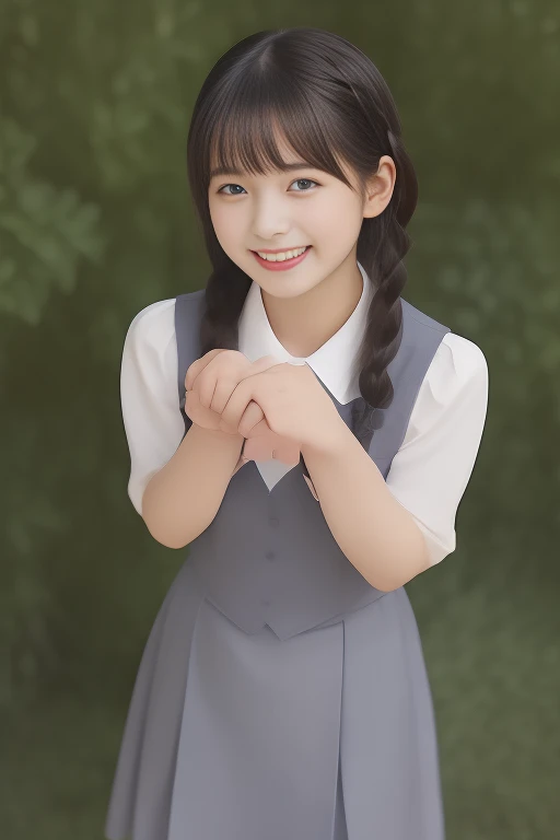 (highest quality, masterpiece, high resolution:1.2), 4K, (Photo quality detailed foreground: 1.2), (Giorgione painting style: 0.8), geometry, (Cute 14yo girly Japanese photo idol is looking at me with her too beautiful eyes: 1.3), Laughing cutely, (Gray Japanese school girly vest Uniform with neat girly white short-sleeves school blouse, puffed short sleeves: 1.2), (white socks and school loafers: 1.2), (Dark red glossy school ribbon on the : 1.0), (Extremely laughing cheeks: 1.0), (Beautiful light-amber large clear open eyes with balanced and detailed cutely: 1.4), (Long bottom eyelashes: 1.2), (Expressing the greatest joy with her whole body: 1.2), (Glossy lips: 1.0), (braids tied under her ears: 1.3), (cute earrings), (napping me into the heaven as a goddess: 1.6), (white and clear skin: 1.0), (Laughing 14yo cute princess's eyes: 0.6), (Placing her beautiful white hands together like praying: 0.9), (Full-body shot in heaven: 1.2),  (Drives me crazy for her glossy neat short-bobbed hair and make me fall into love), (black plain background: 1.0)