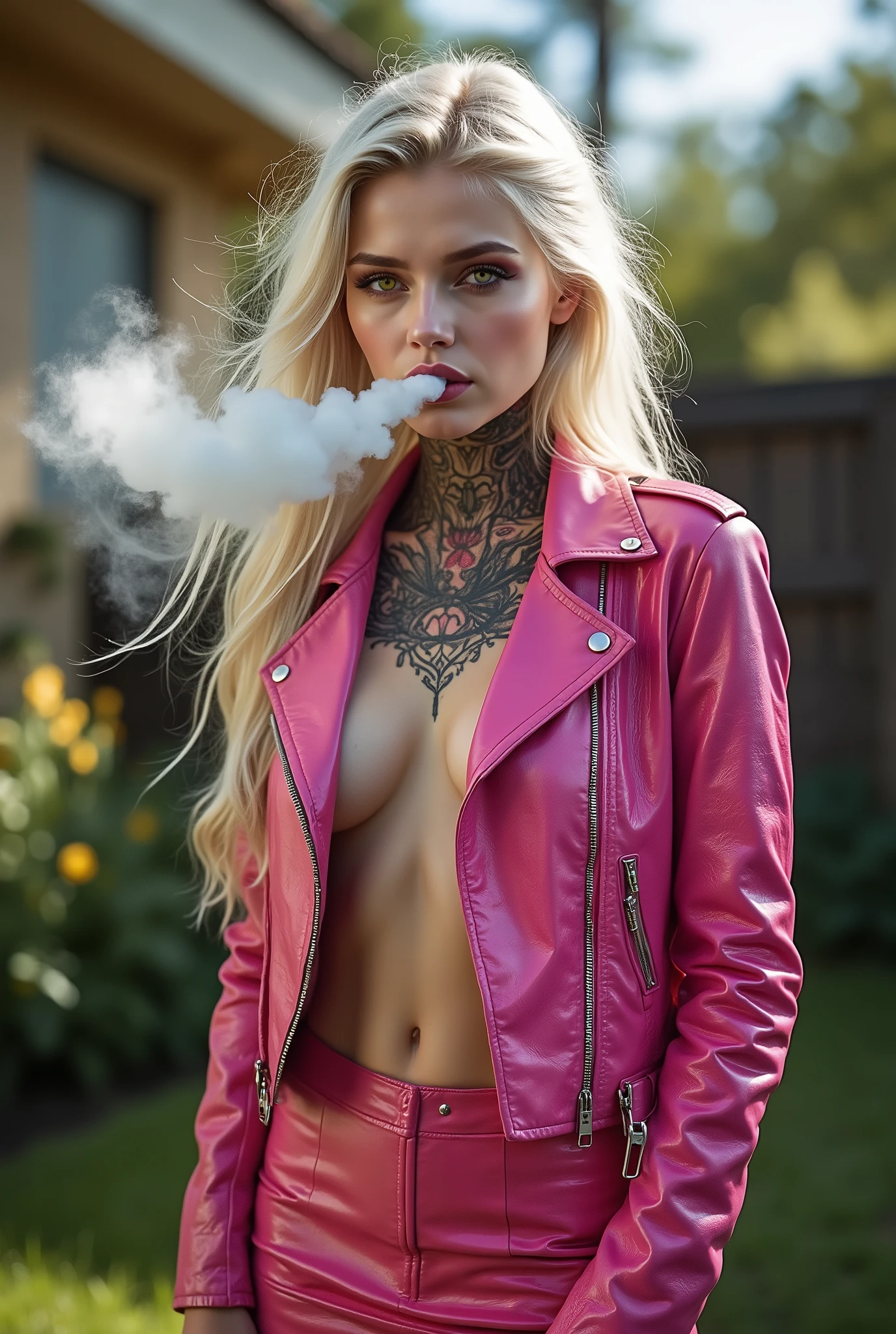  20 year old woman with flowing white hair stands in a suburban garden on a sunny day. She is covered in dark intricate tattoos. Yellow eyes. She is  under a quilted bright pink patent leather biker jacket and a glossy patent leather pencil skirt. She exhales a large cloud of smoke from her mouth.