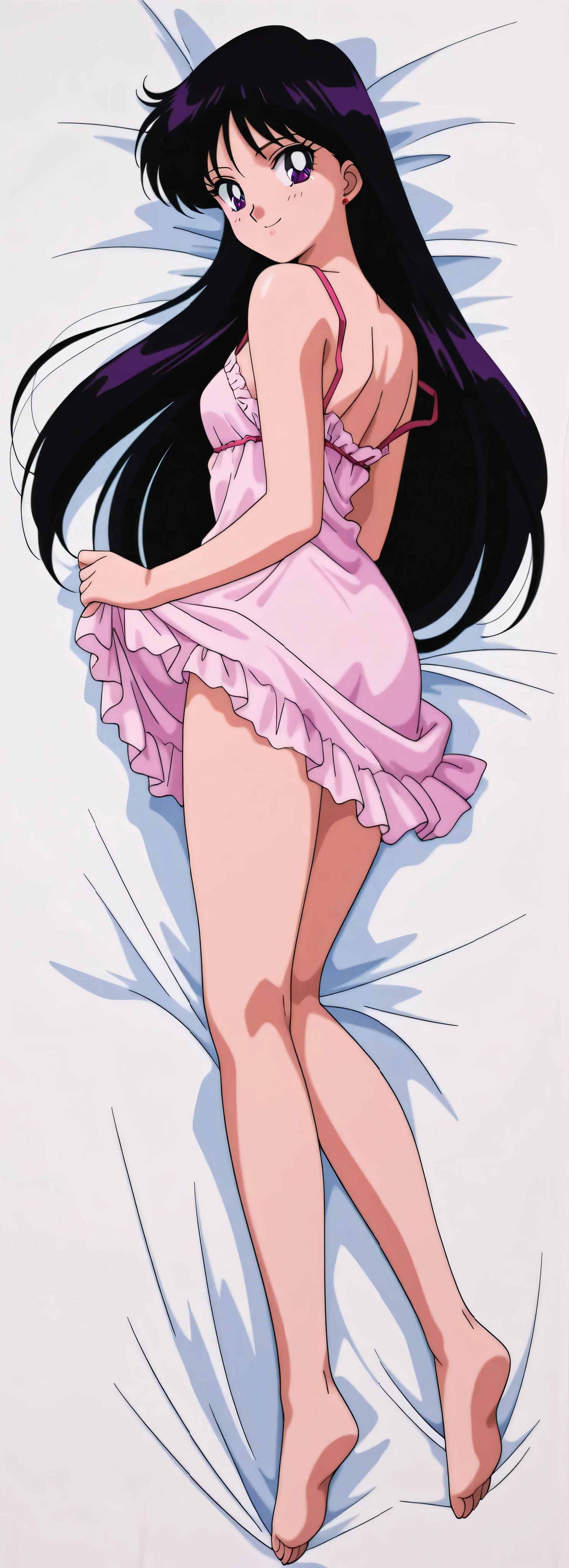 itou_ikuko,masterpiece,best quality,good quality, 1990s (style), anime coloring, retro_artstyle, 1girl, rei hino, hino rei, black hair, long hair, purple eyes, parted bangs, retro artstyle, mature female, small breasts, anime screencap, solo, looking at viewer, smile, white nightgown,full body, simple white background, for Dakimakura on bed, ((back focus))