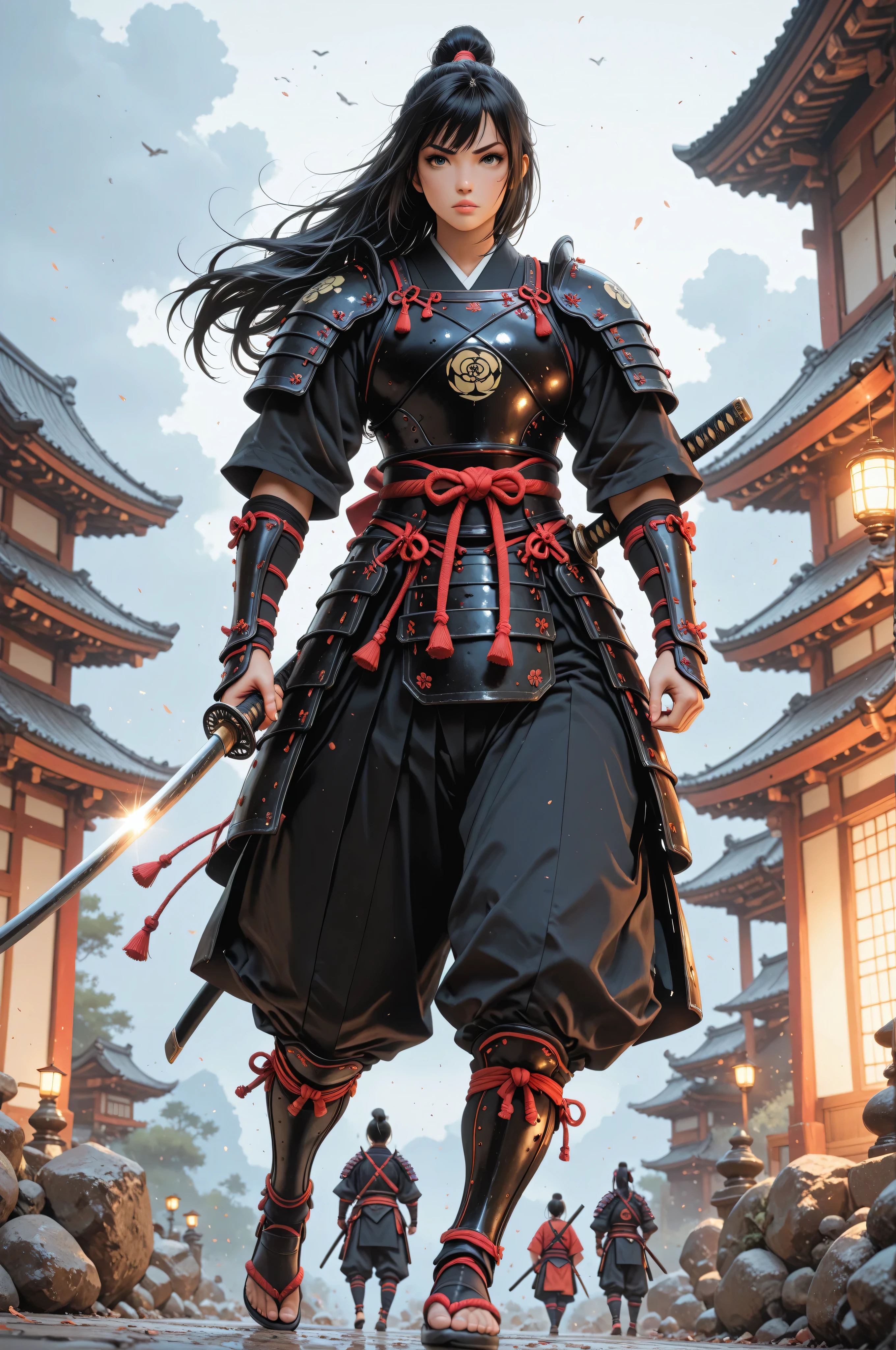 Movie Still,Film Still,Cinematic,Cinematic Shot,Cinematic Lighting,a picture of Japanese female samurai, she has long black hair, wearing samurai armor, armed with a katana, ready for battle, dynamic angle,, Japanese fantasy art, (Masterpiece: 1.5), 16k, highres, best quality, high details, ultra detailed, masterpiece, best quality, (extremely detailed), arafed, dnd art, 