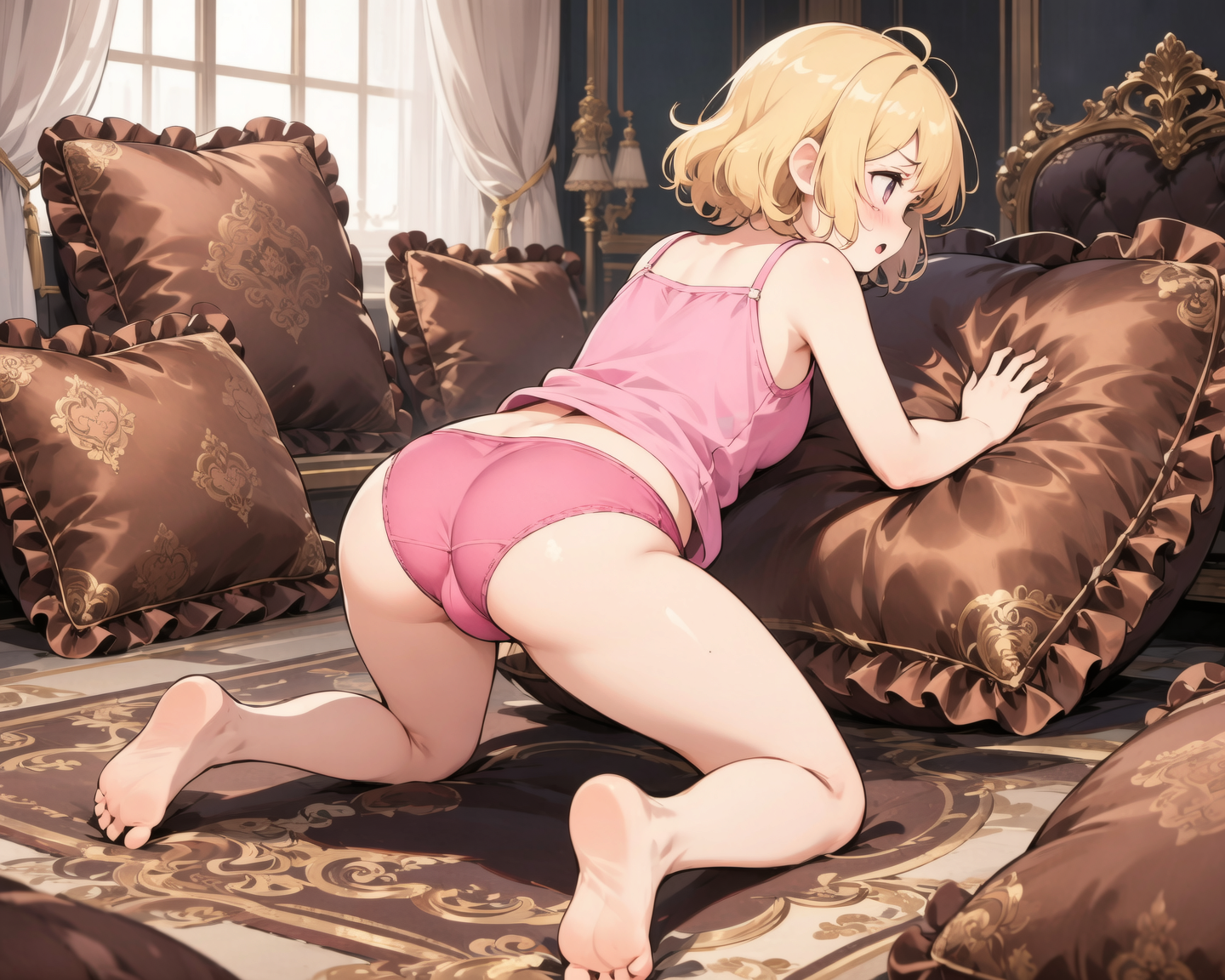  child, 5-year-old child, lying face up, curvado, pernas abertas, beyond cancer, virado,, deitado na cama, deitado de costas, bunda para cima,, Rear view, melhor qualidade, ultra detalhado,,1menina, solo, nikkeani, olhos cruzados, short_hair, open_mouth, , brown_hair, enfeite de cabelo, , brown_eyes, yellow_eyes, boina, tiro de cowboy, (orelhas de coelho, coelhinho playboy:1.2), big booty, olhando para o espectador,  pose ,