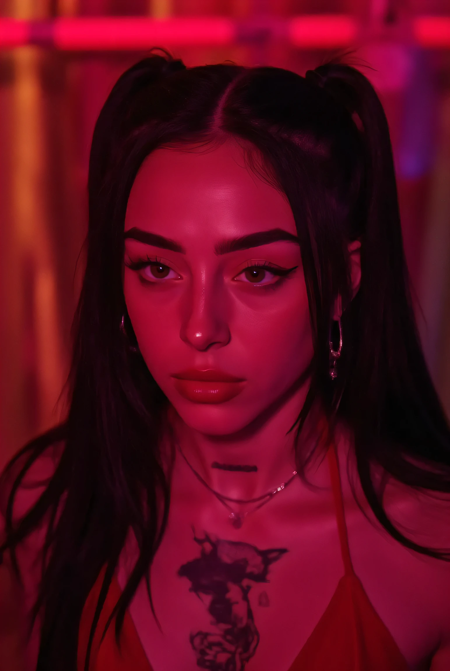 a close up of a woman in a red dress with tattoos on her chest, charli xcx, ava max, bella poarch, she looks like a mix of grimes, sexy look, 18 years old, the super hot and sexy, looks a blend of grimes, 1girl,(ultra realistic),Photo, high quality, analog photography , (low lighting), (neon ambiance) light background ,portrait, black hair,(chölka), ponytails hairstyle, ponytails , seen from above, detailed eyes, (ultra detailed)