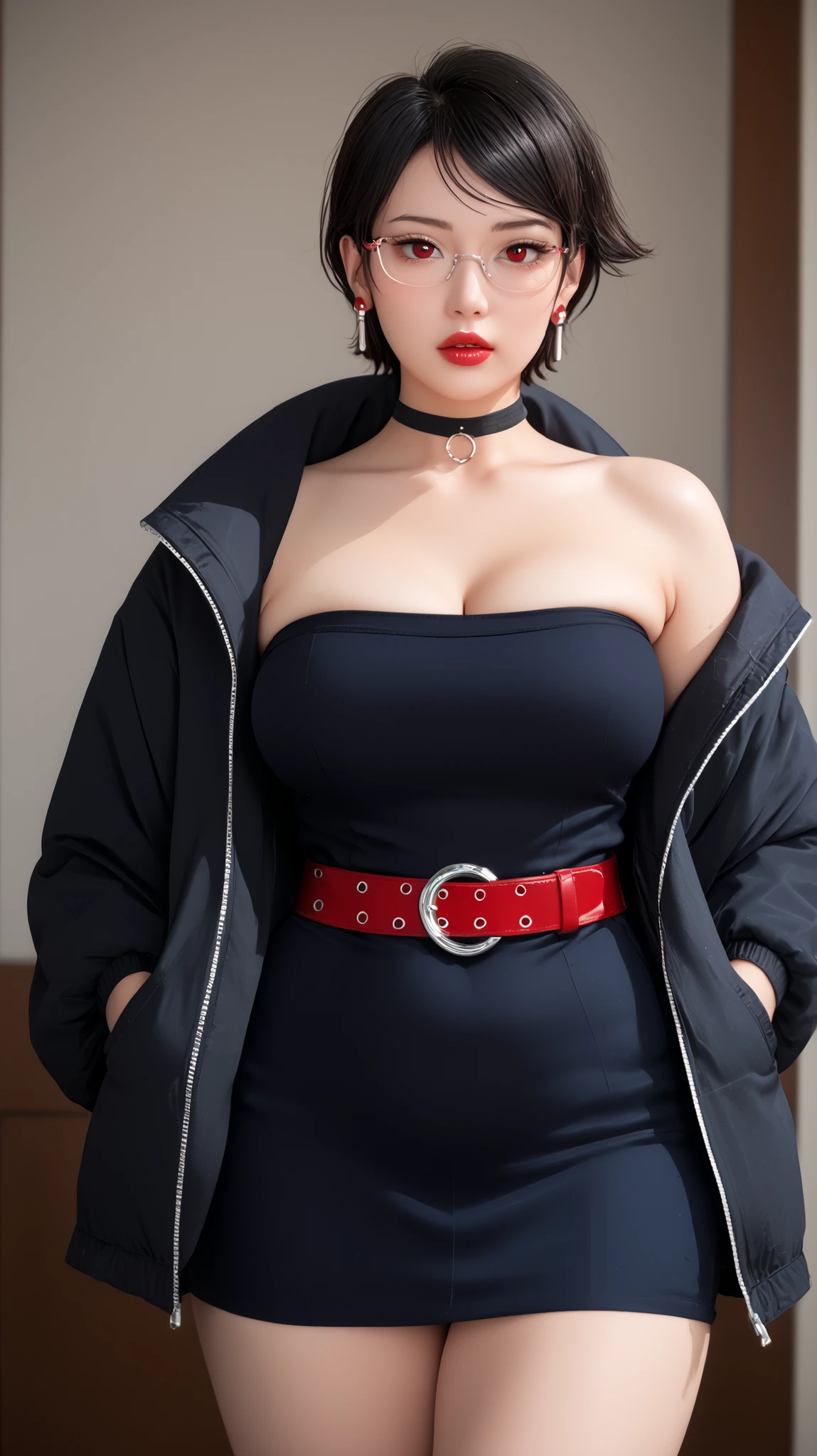  a photo Hyper-Realistic Ultra HD, The image showcases an incredibly realistic 4K photorealistic resolution, highlighting her captivating presence and a mesmerizing physique. leaving you entranced by the seamless fusion of artistry and supreme realism. looking straight into the frame, looking at viewer,sharp focus; frame, sharp focus ;eerily realistic, visual realism (Every imperfection and detail of her skin is captured -+ details Ultra hd. a professional movie photograph of, best quality, high quality, facing forward,  Beautiful little red lips, 
Define each part of her body imperfections.
The image showcases an incredibly realistic 4K photorealistic resolution, ,expressive perfect eyes, perfect face, solo sarada , wearing earings,bangles, 25year old women perfect breasts perfect thigs facing towards screen parted lips feminine figure body,1girl, solo, mature female,busty milf sarada, black hair, red eyes, short hair, swept bangs, choker, glasses, earrings,
black dress, red belt, strapless, bare shoulders, large breast, black jacket open,Beautiful sensual and erotic woman with a curvy body, very thick milf body, Bra/; Waist Size, 28 inches ; Hip Size, 30inches.beautiful fitting breasts, curvy accentated booty,  breasts, (curvy), cute, eyelashes, Natural breasts,  Big plump waists, Big plump hips, short mini dress, short pants, thick legs show, charming mother 