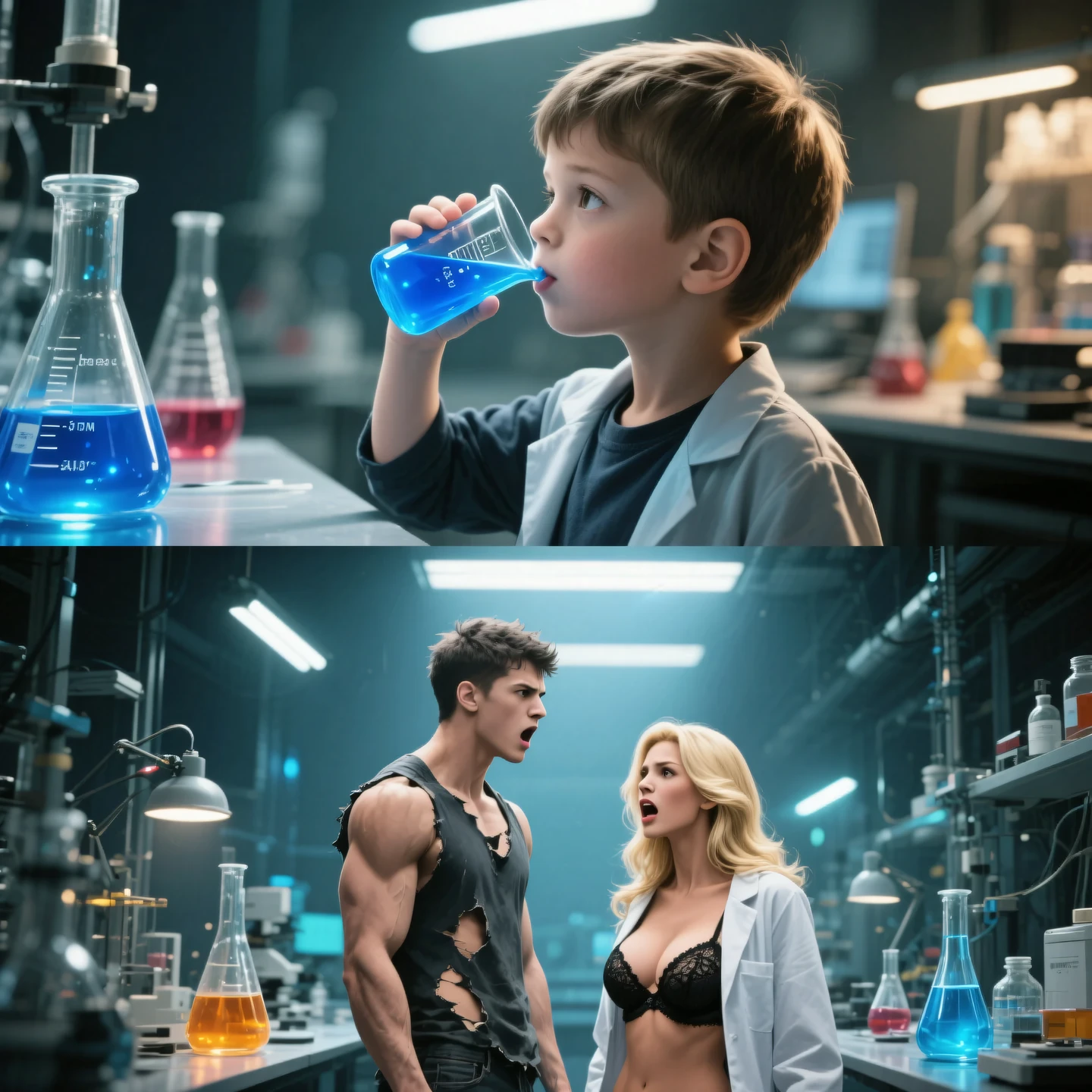A two-part hyper-realistic collage. Frame 1: a curious six-year-old boy, unnoticed, sips a beaker's vivid blue fluid in a bustling, chemical-laden lab, soft industrial light catches his innocent profile, hinting at transformation. Frame 2: dramatic astonishment as the boy, now a towering, muscular twenty-year-old in torn clothes, stands before his voluptuous, blonde single mother, her black lace bra peaking beneath a lab coat, her perfect form reflecting both shock and undeniable desire, bathed in an almost otherworldly glow.