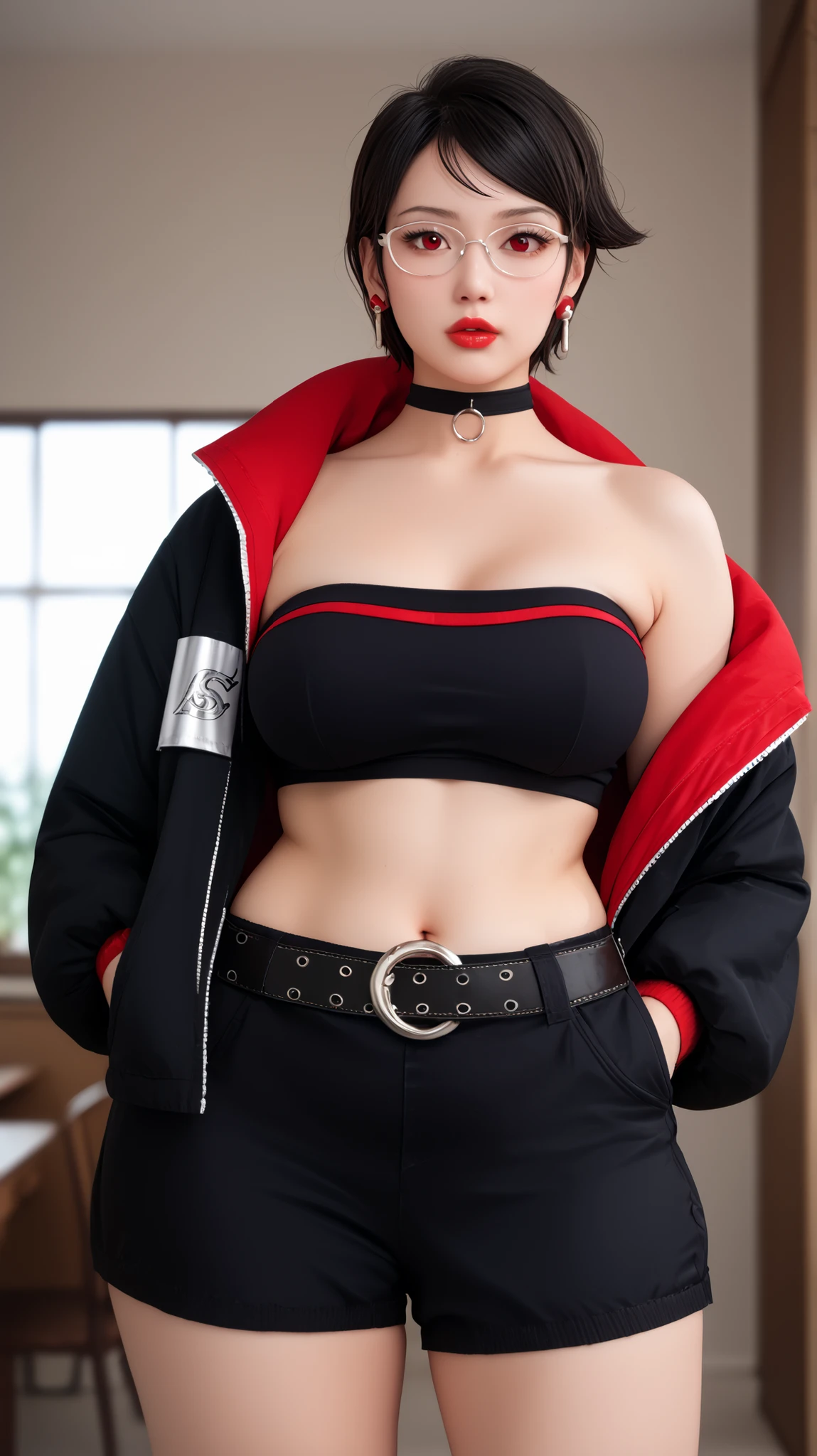 a photo Hyper-Realistic Ultra HD, The image showcases an incredibly realistic 4K photorealistic resolution, highlighting her captivating presence and a mesmerizing physique. leaving you entranced by the seamless fusion of artistry and supreme realism. looking straight into the frame, looking at viewer,sharp focus; frame, sharp focus ;eerily realistic, visual realism (Every imperfection and detail of her skin is captured -+ details Ultra hd. a professional movie photograph of, best quality, high quality, facing forward, Beautiful little red lips,
Define each part of her body imperfections.
The image showcases an incredibly realistic 4K photorealistic resolution, ,expressive perfect eyes, perfect face, solo sarada , wearing earings,bangles, 35year old women perfect breasts perfect thigs facing towards screen parted lips feminine figure body,1girl, solo, mature female,busty milf sarada, black hair, red eyes, short hair, swept bangs, choker, glasses, earrings,
black bandaue bra, red belt,tube top, shorts, navel, , bare shoulders, large breast, black jacket open,Beautiful sensual and erotic woman with a curvy body, very thick milf body, Bra/; Waist Size, 28 inches ; Hip Size, 30inches.beautiful fitting breasts, curvy accentated booty, breasts, (curvy), cute, eyelashes, Natural breasts, Big plump waists, Big plump hips, short mini dress, short pants, thick legs show, charming mother