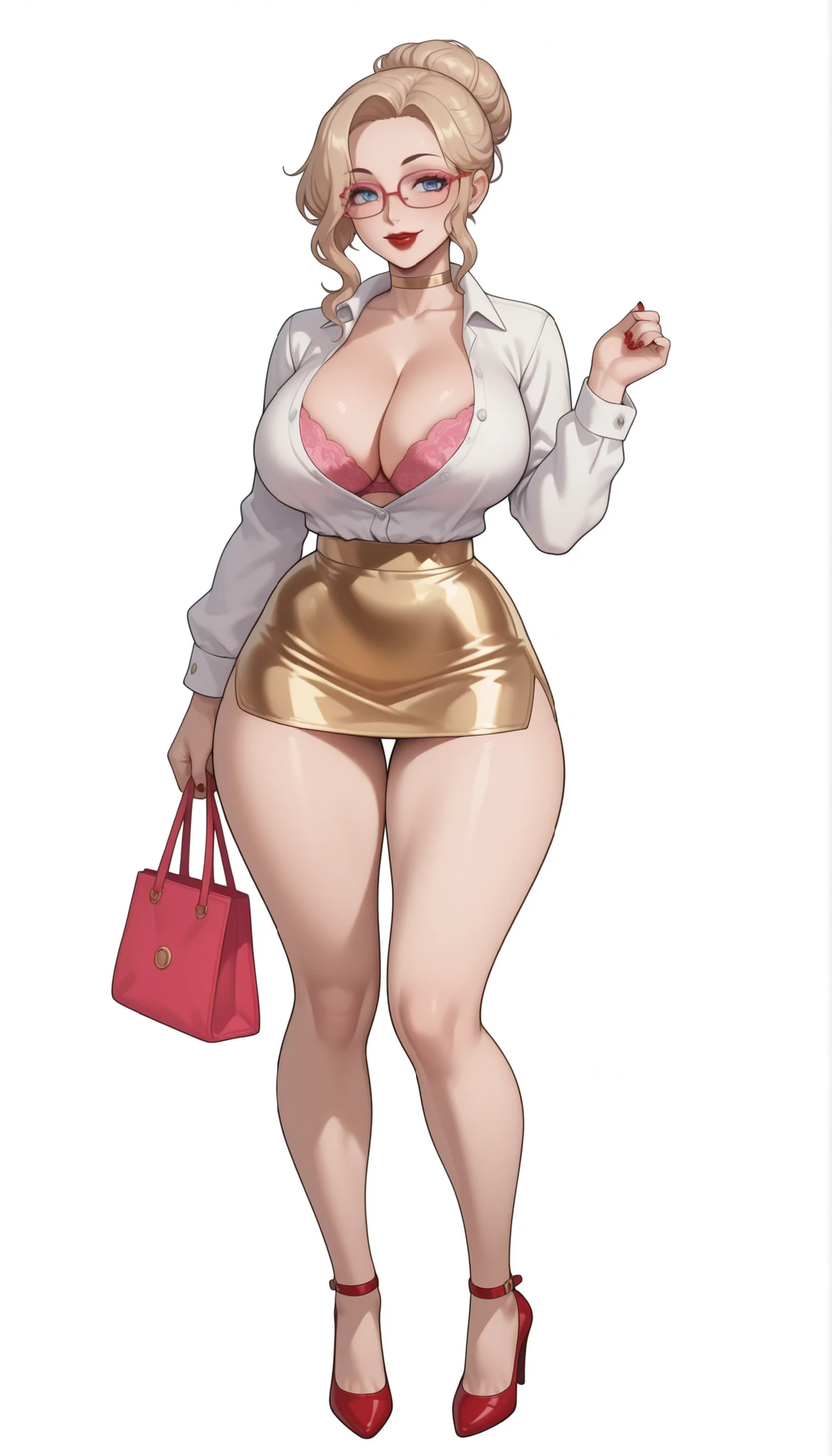 A beautiful woman with pale-blonde hair in a simple housewife hairstyle with one big hair bun in the back and two side wavy hair fringes, plump bimbo round red lips, big blue eyes, red nails, pale glowy natural skin, a cinched small waist, a perfect tempting hourglass figure, perfect wide hips, and a perfect curvy body. She's wearing a white office shirt with full sleeves and unbuttoned cleavage buttons, a revealing micro mini short sexy tight gold skirt, slightly visible pink bra, pink spectacles, a choker, and strappy black high heels. She's standing straight, holding one strappy tote bag in one hand, smiling, and plain empty white background. Show her full body, SOLO, proper middle-waist level view, and super hyper-detailed.