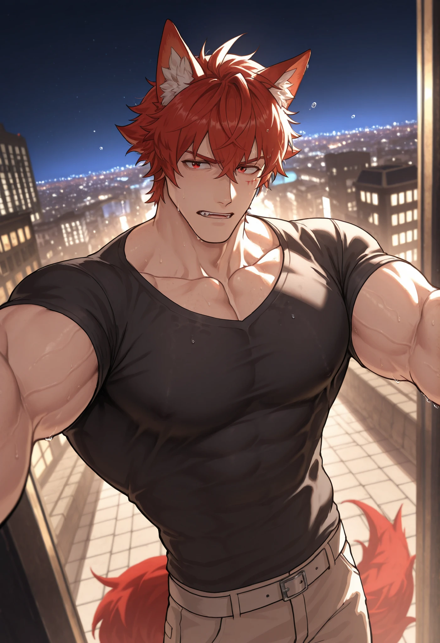 1 , alone)), wolf ears and tail, with a black shirt, looking at the city lights, in a city at night, city lights, looking the city lights, view from a good angle , bad boy pose, water droplets in the air, high resolution, masterpiece, ((short hair )) perspective correction,(( , thoughtful look )) , anatomically correct muscles, black and red spiky hair, male focus , (well-detailed red eyes , well done)) focus on the eyes), large pectorals, shaded, (masterpiece:1.35), (muy estético, best quality:1.3), shaded detallado, C, shaded realista, very detailed, masterful composition , cinematic and natural lighting, well done better result, background in a city, detailed colors