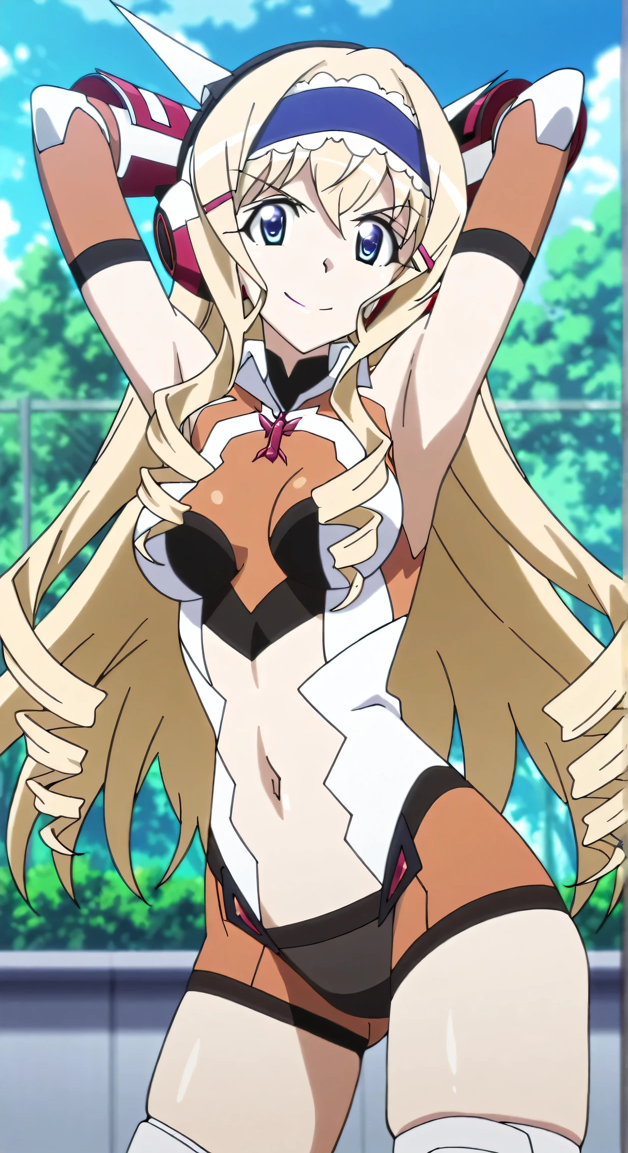 masterpiece, best quality, amazing quality, anime screencap, anime coloring, 1girl, solo, cecilia alcott, blonde hair, long hair, drill hair, blue eyes, blue hairband, frilled hairband, medium breasts, gloves, gauntlets, headgear, headphones, hairclip, leotard, navel cutout, symphogear pendant, brown elbow gloves, gloves, skindentation, arms behind head, armpits, armpits focus, head towards viewer, looking at viewer, evil smile, confident, closed mouth, outdoors, day