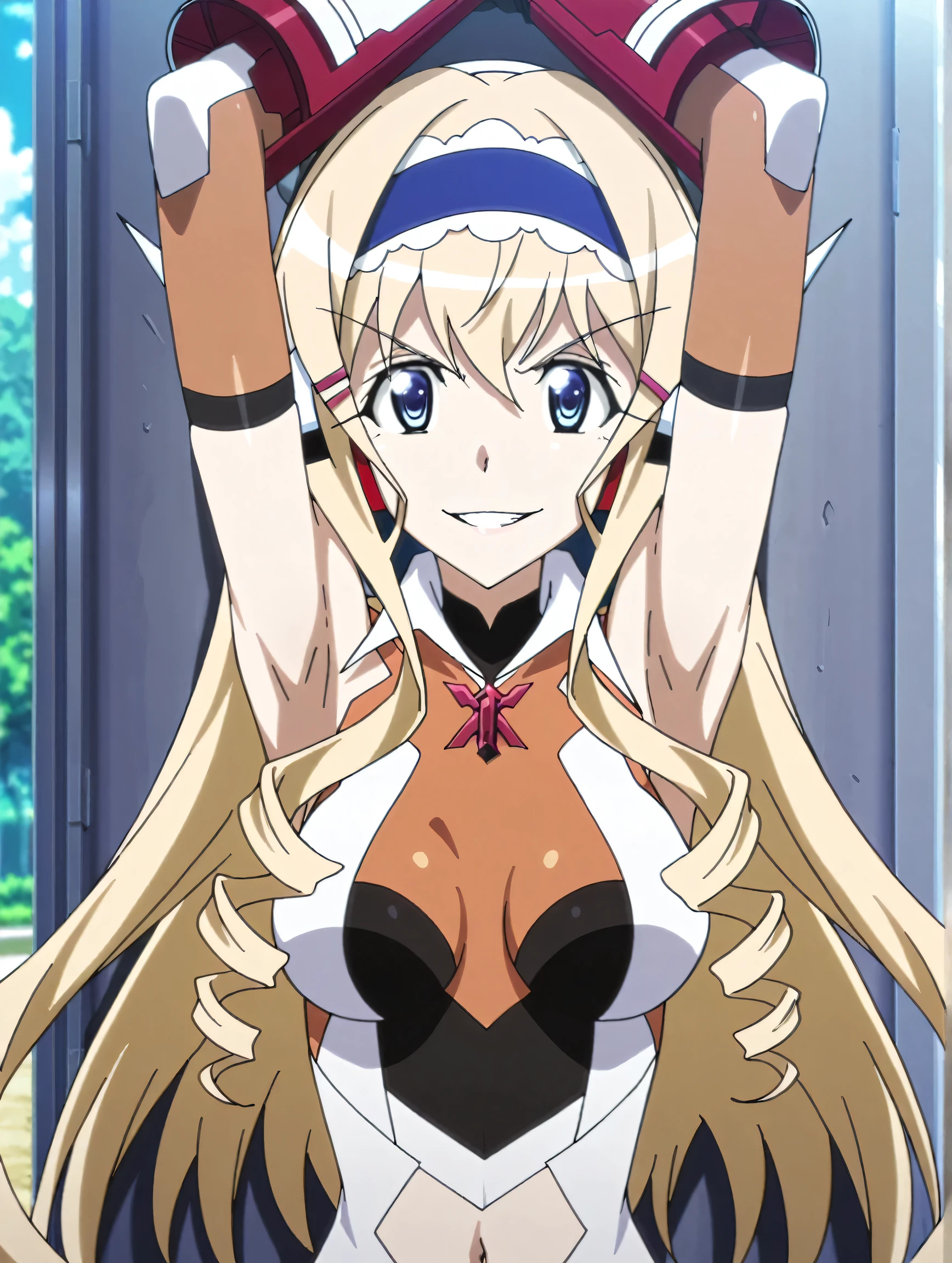 masterpiece, best quality, amazing quality, anime screencap, anime coloring, 1girl, solo, cecilia alcott, blonde hair, long hair, drill hair, blue eyes, blue hairband, frilled hairband, medium breasts, gloves, gauntlets, headgear, headphones, hairclip, leotard, navel cutout, symphogear pendant, brown elbow gloves, gloves, skindentation, arms up, raised arms, armpits, armpits focus, head towards viewer, looking at viewer, evil smile, confident, grin, teeth, outdoors, day, against the wall