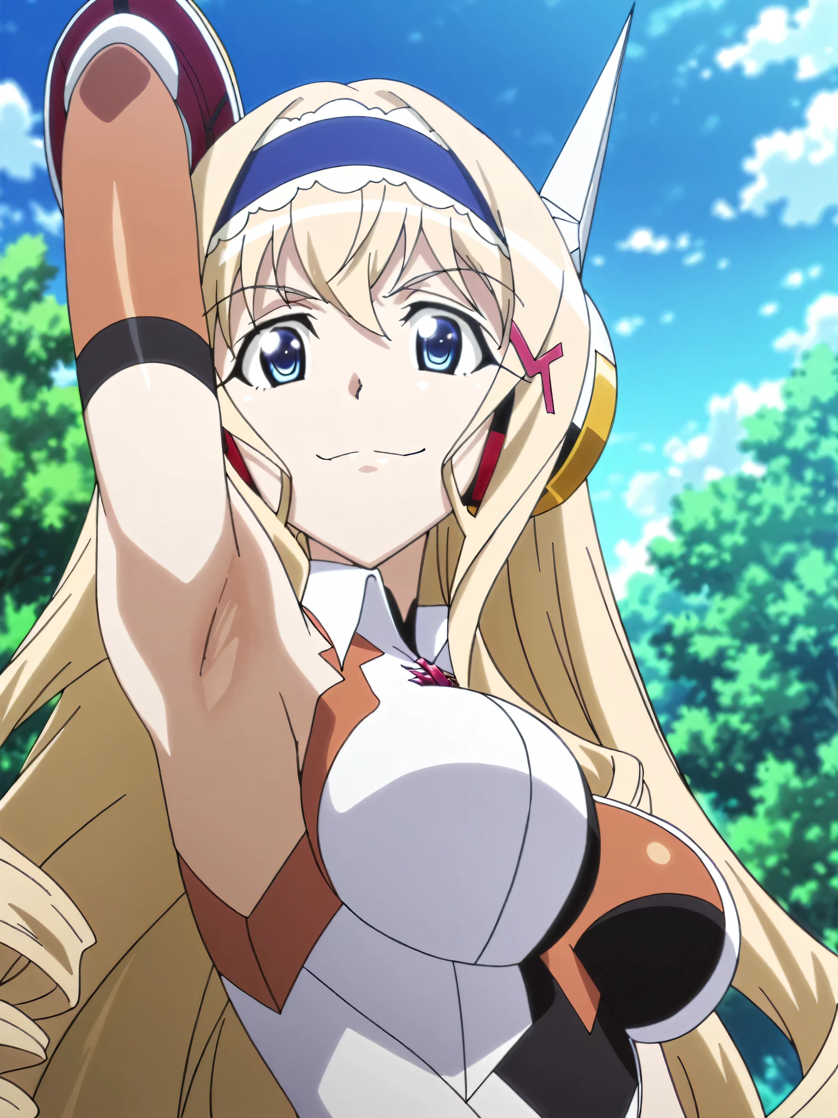 masterpiece, best quality, amazing quality, anime screencap, anime coloring, 1girl, solo, cecilia alcott, blonde hair, long hair, drill hair, blue eyes, blue hairband, frilled hairband, medium breasts, gloves, gauntlets, headgear, headphones, hairclip, leotard, symphogear pendant, brown elbow gloves, gloves, skindentation, arm behind head, armpit, armpit focus, head towards viewer, looking at viewer, evil smile, confident, closed mouth, outdoors, day, from side, from below