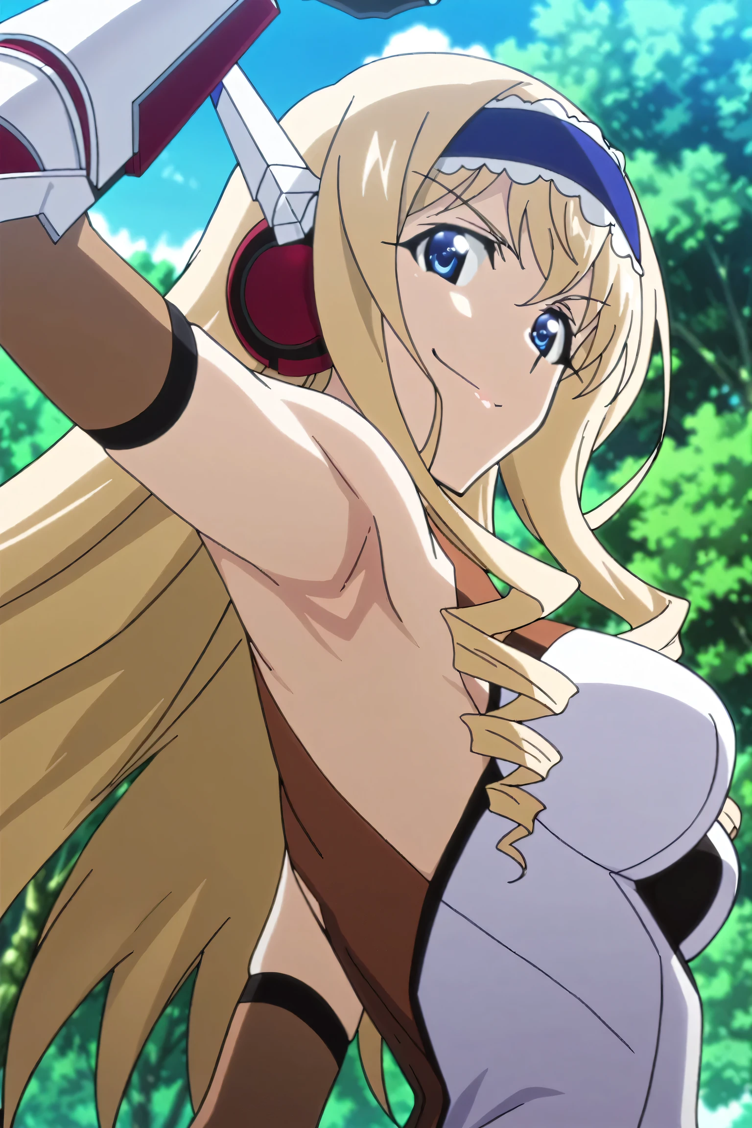 masterpiece, best quality, amazing quality, anime screencap, anime coloring, 1girl, solo, cecilia alcott, blonde hair, long hair, drill hair, blue eyes, blue hairband, frilled hairband, medium breasts, gloves, gauntlets, headgear, headphones, hairclip, leotard, brown elbow gloves, gloves, skindentation, arm up, raised arm, armpit, armpit focus, head towards viewer, looking at viewer, evil smile, confident, closed mouth, outdoors, day, from side, from below, (from behind:1.2), white and brown leotard, two-tone leotard