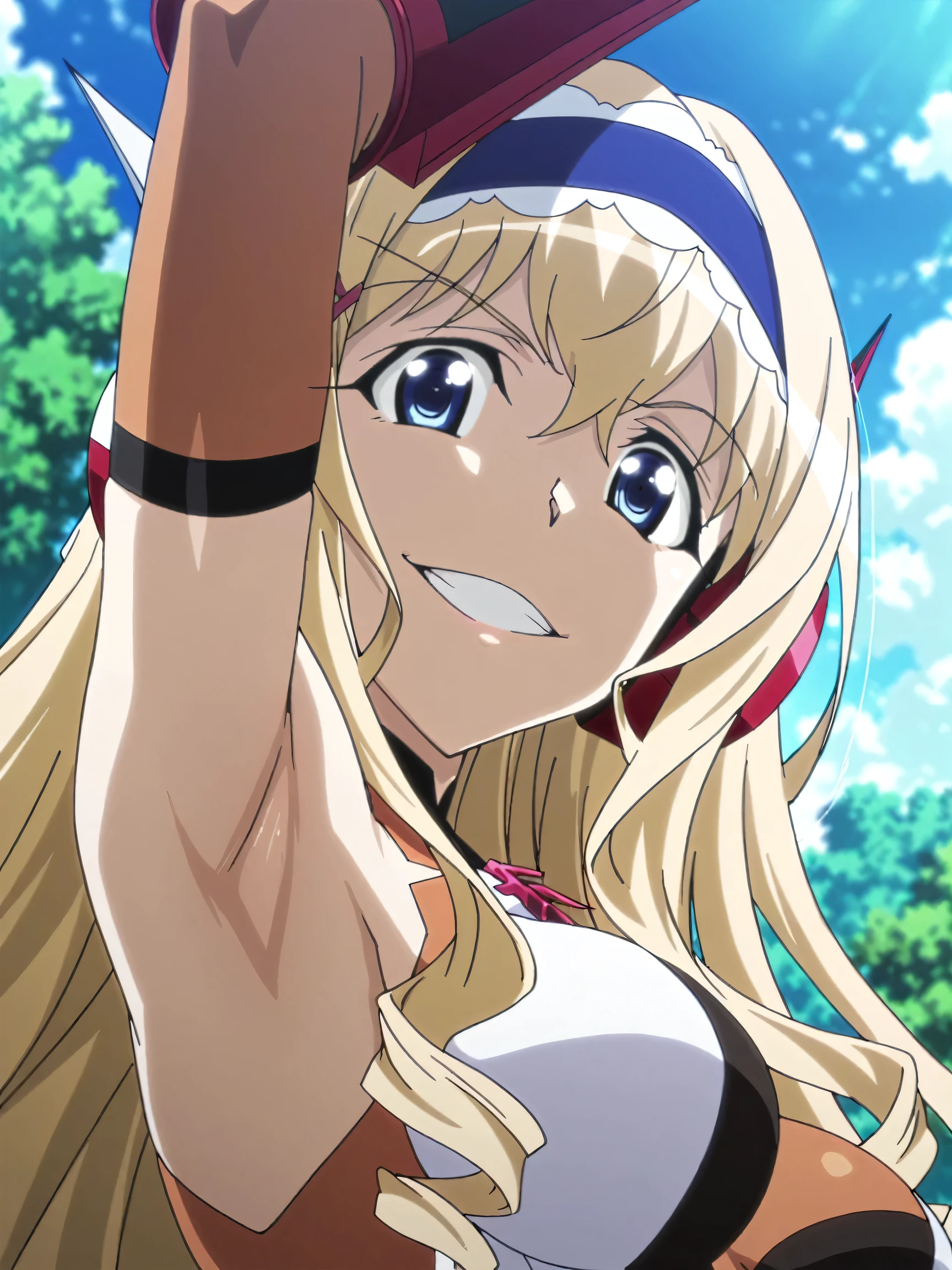 masterpiece, best quality, amazing quality, anime screencap, anime coloring, 1girl, solo, cecilia alcott, blonde hair, long hair, drill hair, blue eyes, blue hairband, frilled hairband, medium breasts, gloves, gauntlets, headgear, headphones, hairclip, leotard, symphogear pendant, brown elbow gloves, gloves, skindentation, arm up, raised arm, armpit, armpit focus, head towards viewer, looking at viewer, evil smile, confident, grin, teeth, outdoors, day, from side, from below, armpit up close, close-up of armpit