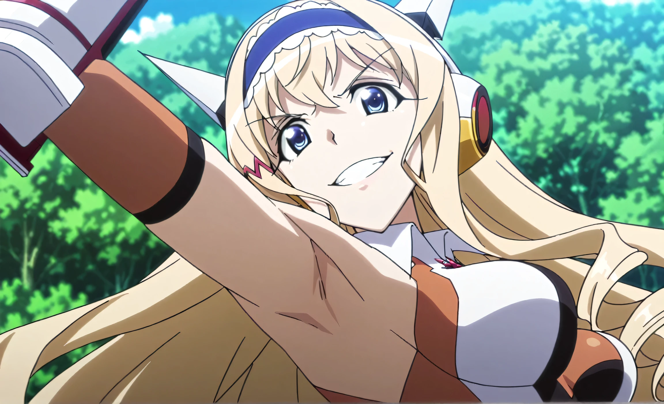masterpiece, best quality, amazing quality, anime screencap, anime coloring, 1girl, solo, cecilia alcott, blonde hair, long hair, drill hair, blue eyes, blue hairband, frilled hairband, medium breasts, gloves, gauntlets, headgear, headphones, hairclip, leotard, symphogear pendant, brown elbow gloves, gloves, skindentation, arm up, raised arm, armpit, armpit focus, head towards viewer, looking at viewer, evil smile, confident, grin, teeth, outdoors, day, from side, from below
