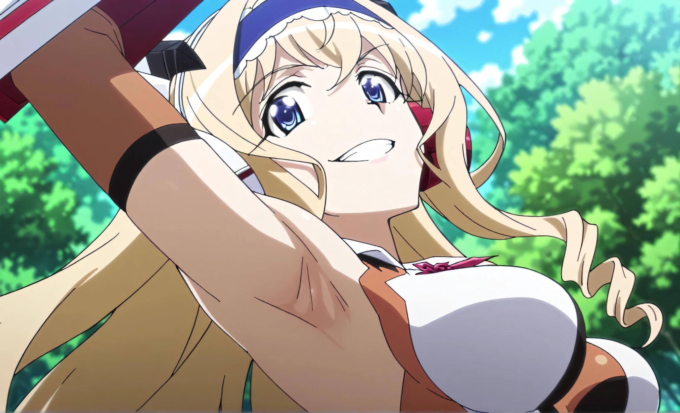 masterpiece, best quality, amazing quality, anime screencap, anime coloring, 1girl, solo, cecilia alcott, blonde hair, long hair, drill hair, blue eyes, blue hairband, frilled hairband, medium breasts, gloves, gauntlets, headgear, headphones, hairclip, leotard, symphogear pendant, brown elbow gloves, gloves, skindentation, arm up, raised arm, armpit, armpit focus, head towards viewer, looking at viewer, evil smile, confident, grin, teeth, outdoors, day, from side, from below, armpit up close, close-up of armpit