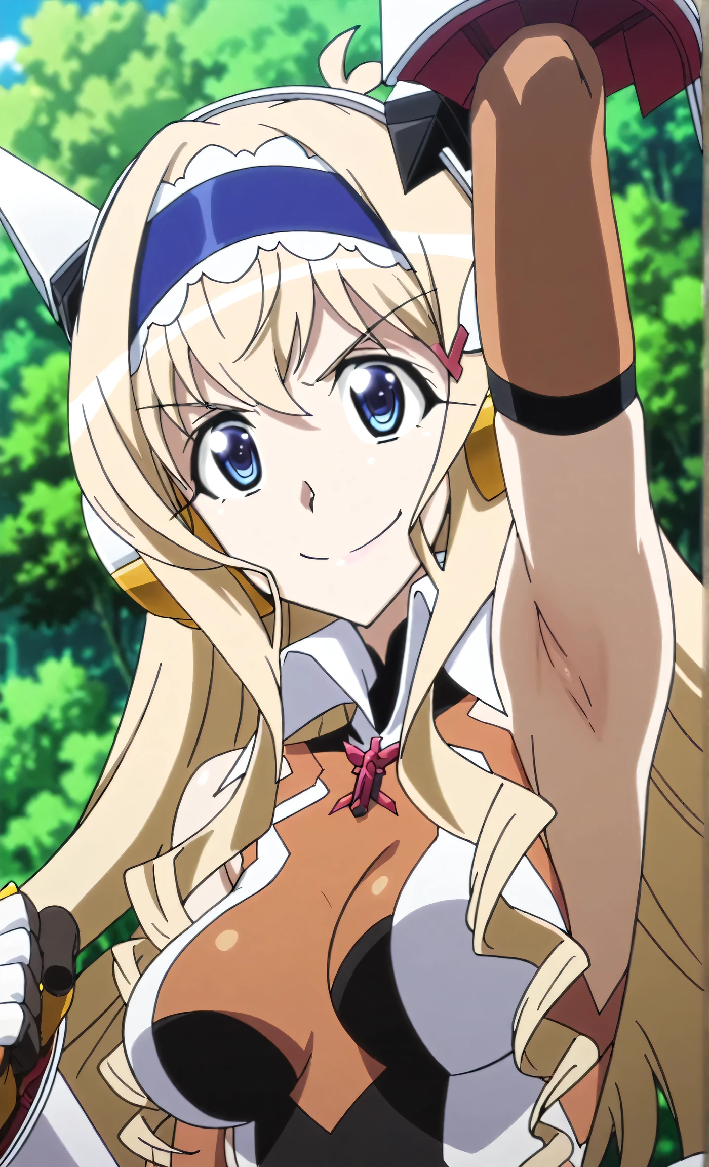 masterpiece, best quality, amazing quality, anime screencap, anime coloring, 1girl, solo, cecilia alcott, blonde hair, long hair, drill hair, blue eyes, blue hairband, frilled hairband, medium breasts, gloves, gauntlets, headgear, headphones, hairclip, leotard, symphogear pendant, brown elbow gloves, gloves, skindentation, arm up, raised arm, armpit, armpit focus, head towards viewer, looking at viewer, evil smile, confident, closed mouth, outdoors, day