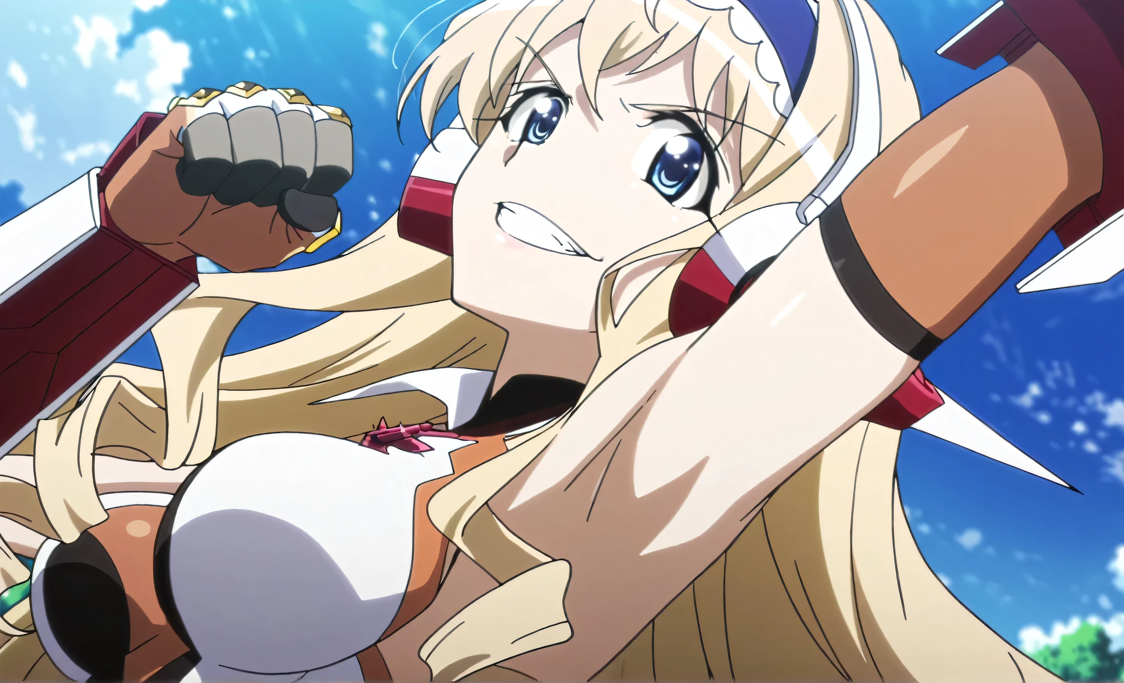 masterpiece, best quality, amazing quality, anime screencap, anime coloring, 1girl, solo, cecilia alcott, blonde hair, long hair, drill hair, blue eyes, blue hairband, frilled hairband, medium breasts, gloves, gauntlets, headgear, headphones, hairclip, leotard, symphogear pendant, brown elbow gloves, gloves, skindentation, arm up, raised arm, armpit, armpit focus, head towards viewer, looking at viewer, evil smile, confident, grin, teeth, outdoors, day, from side, from below, armpit up close, close-up of armpit