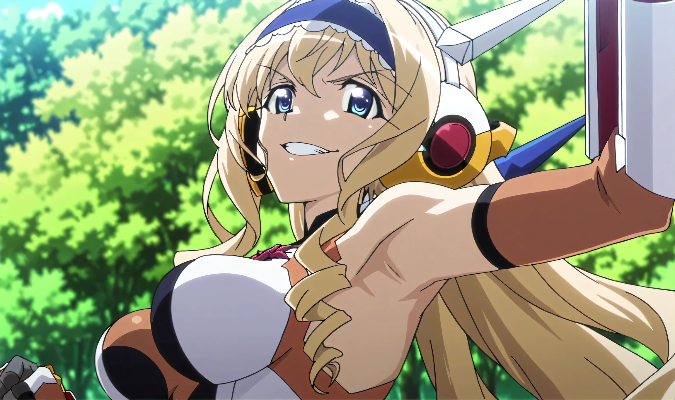 masterpiece, best quality, amazing quality, anime screencap, anime coloring, 1girl, solo, cecilia alcott, blonde hair, long hair, drill hair, blue eyes, blue hairband, frilled hairband, medium breasts, gloves, gauntlets, headgear, headphones, hairclip, leotard, symphogear pendant, brown elbow gloves, gloves, skindentation, armpit, armpit focus, head towards viewer, looking at viewer, evil smile, confident, grin, teeth, outdoors, day, from side, from below