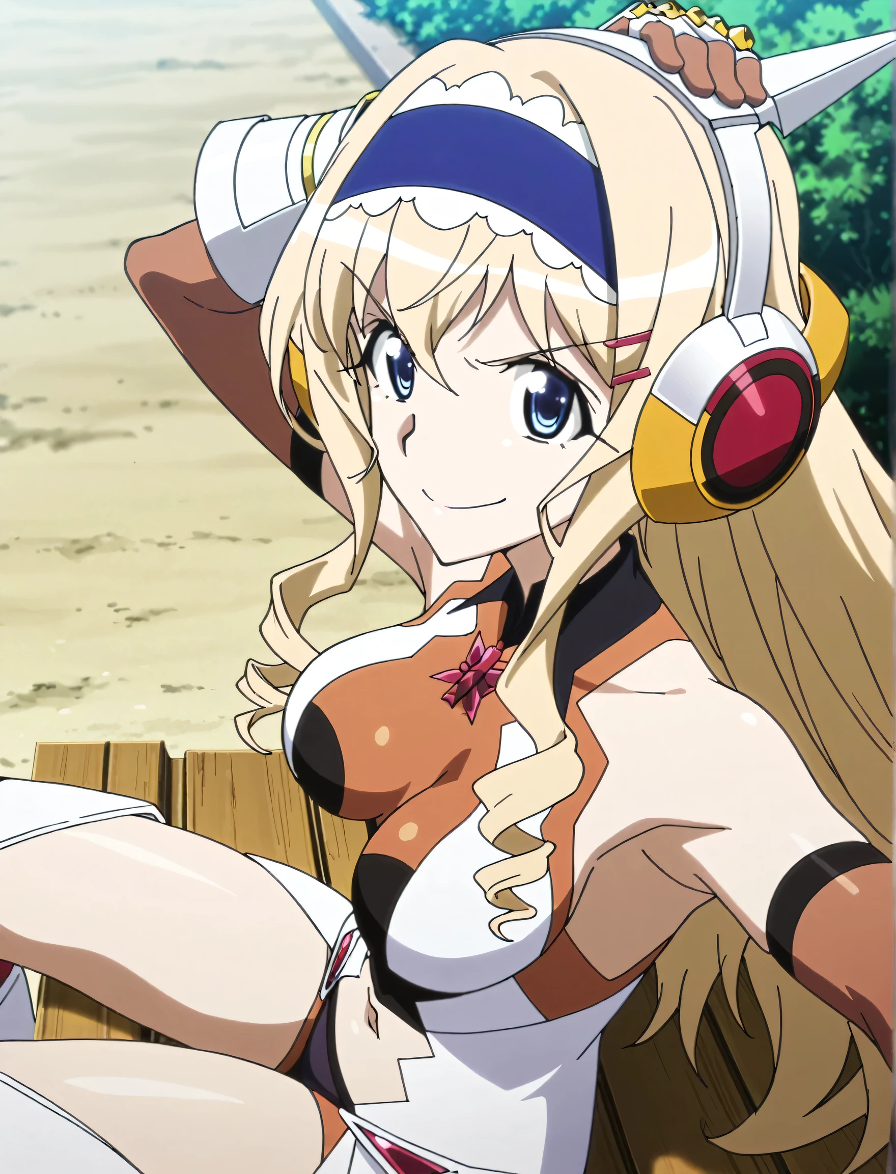 masterpiece, best quality, amazing quality, anime screencap, anime coloring, 1girl, solo, cecilia alcott, blonde hair, long hair, drill hair, blue eyes, blue hairband, frilled hairband, medium breasts, gloves, gauntlets, headgear, headphones, hairclip, leotard, symphogear pendant, brown elbow gloves, gloves, skindentation, armpit, armpit focus, head towards viewer, looking at viewer, evil smile, confident, closed mouth, outdoors, day, from side, from above, sitting on a bench, boots, navel cutout