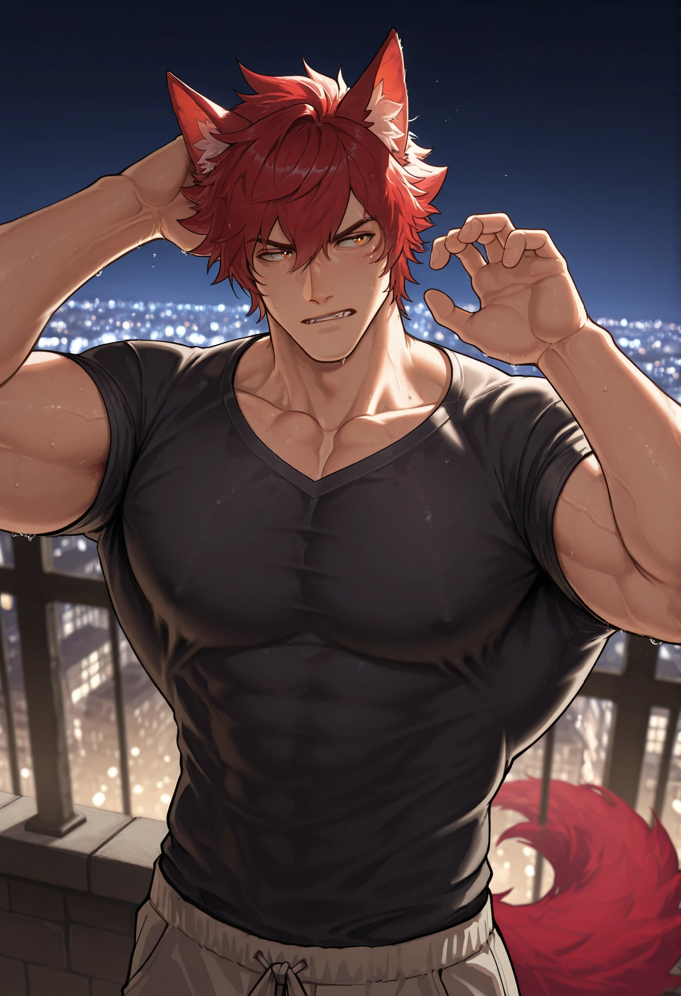 1 , alone)), Sett form league of legends heartsteeal, wolf ears and tail, with a black shirt, looking at the city lights, in a city at night, city lights, looking the city lights, view from a good angle , bad boy pose, water droplets in the air, high resolution, masterpiece, ((short hair )) perspective correction,(( , thoughtful look )) , anatomically correct muscles, red spiky hair, male focus , (well-detailed yellow eyes , well done)) focus on the eyes), large pectorals, shaded, (masterpiece:1.35), (muy estético, best quality:1.3), shaded detallado, C, shaded realista, very detailed, masterful composition , cinematic and natural lighting, well done better result, background in a city, detailed colors