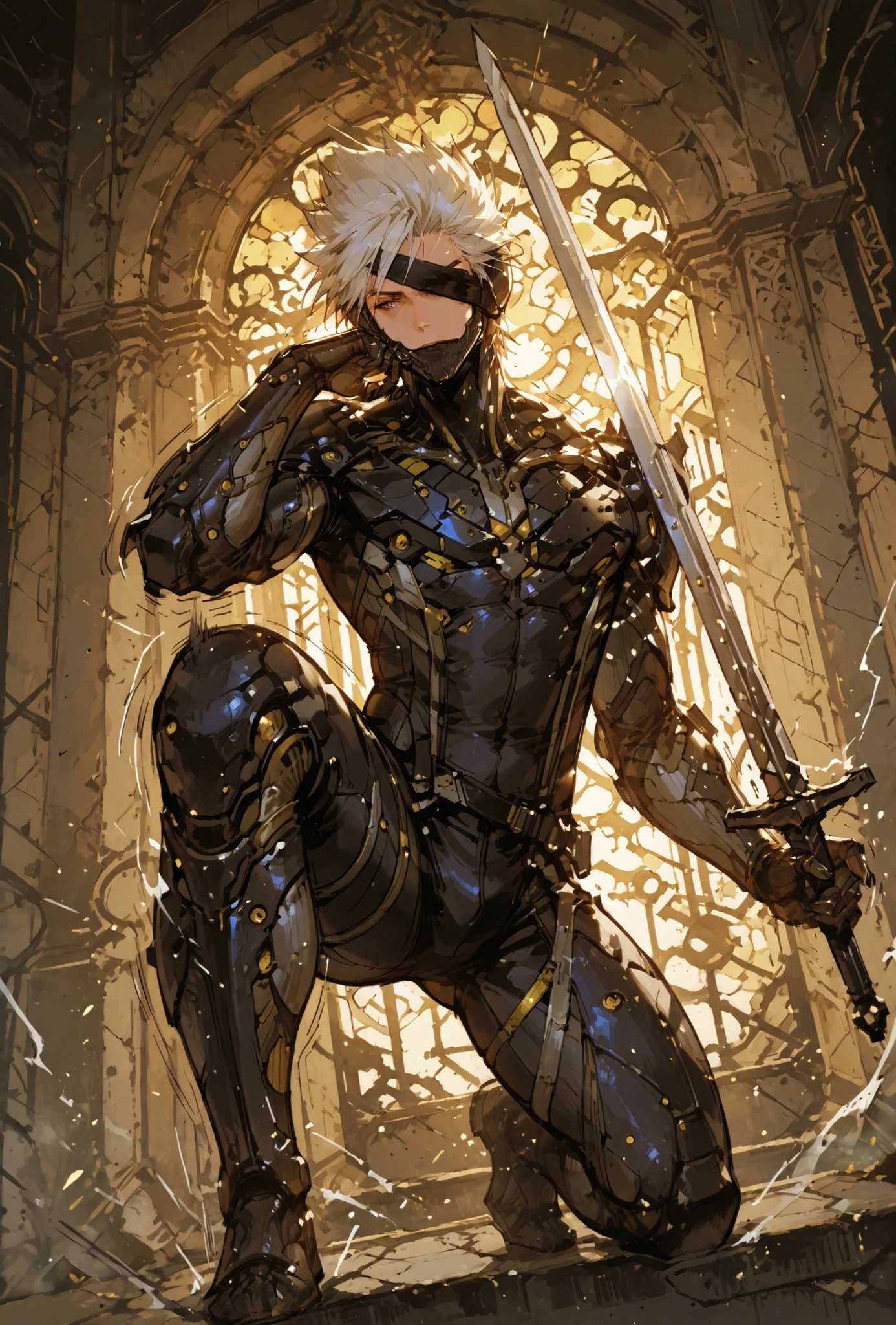 ,Raiden,MGR, holding a metal sword, Def, male focus, muscular male, white hair, spiked hair, short hair, cyborg, mechanical chin, bodysuit, eyepatch, one eye covered,extremely detailed,dynamic lighting,best quality,,,best quality,high quality,, , dynamic angle, , thick thighs, motion lines,, , solo, perfect eyes,siting in a metal throne,DETAIL,MASTERPIECE,,Expressiveh, ultra detailed,,,,very detailed,extremely detailed,dynamic lighting,best quality,