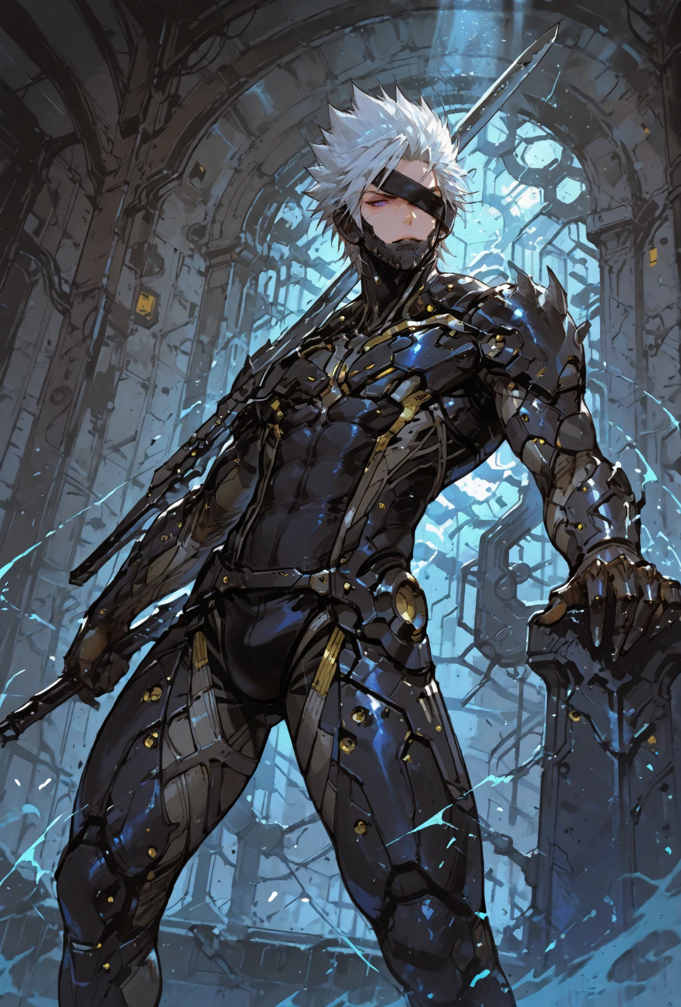 ,Raiden,MGR, holding a metal sword, Def, male focus, muscular male, white hair, spiked hair, short hair, cyborg, mechanical chin, bodysuit, eyepatch, one eye covered,extremely detailed,dynamic lighting,best quality,,,best quality,high quality,, , dynamic angle, , thick thighs, motion lines,, , solo, perfect eyes,siting in a metal throne,DETAIL,MASTERPIECE,,Expressiveh, ultra detailed,,,,very detailed,extremely detailed,dynamic lighting,best quality,