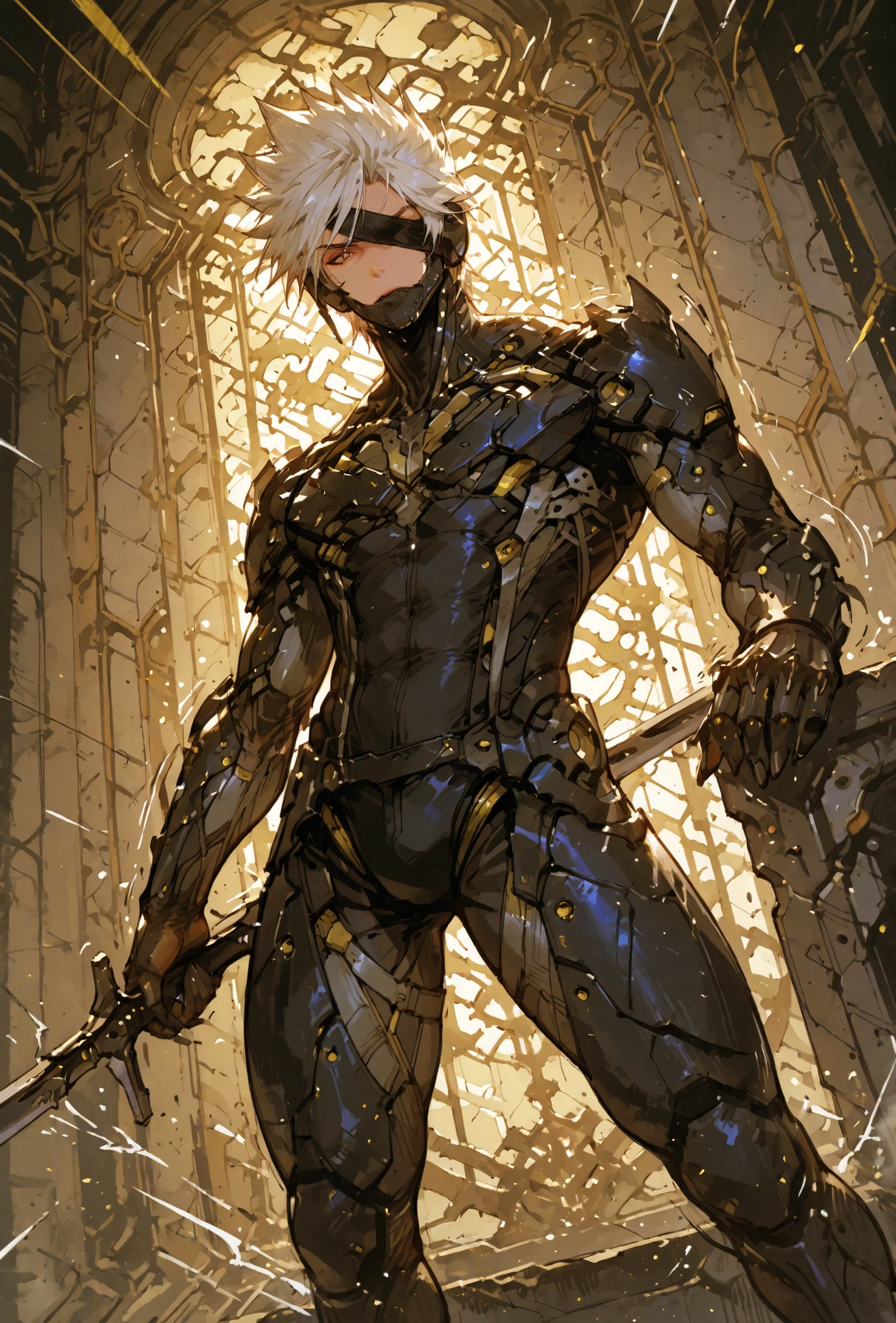,Raiden,MGR, holding a metal sword, Def, male focus, muscular male, white hair, spiked hair, short hair, cyborg, mechanical chin, bodysuit, eyepatch, one eye covered,extremely detailed,dynamic lighting,best quality,,,best quality,high quality,, , dynamic angle, , thick thighs, motion lines,, , solo, perfect eyes,siting in a metal throne,DETAIL,MASTERPIECE,,Expressiveh, ultra detailed,,,,very detailed,extremely detailed,dynamic lighting,best quality,