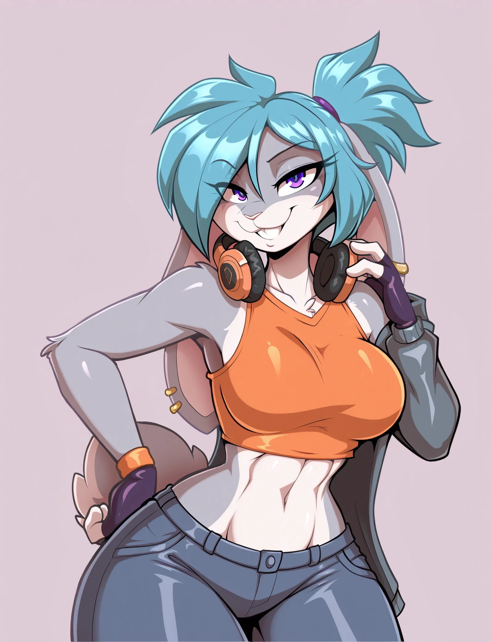 (solo), anime/manga style, best quality, high resolution, absurdres, BREAK, (adult), uploaded on danbooru, uploaded on e621, [by rick griffin:0.5], (by viviziepop), [by zeekzag], by sssonic2, [by mastergodai:0.2], [by chalo:0.32], by r-mk, [by joaoppereiraus:0.6], [by jrvanesbroek:0.4], (sassy smile, sexy but adorable smile), (cute, adult), (female), (anthro), (rabbit, rabbit tail), (floppy ears, lop ears), (single color body, single tone color body, grey body, only grey color for body:1.2), (violet eyes, bedroom eyes), (medium hair with short ponytail), (blue hair:1.2), (hair over eye), (waist jacket, grey jacket, orange shirt, midriff, red jeans), adorable/cute buckteeth, (headphones rested around neck), fingerless gloves, ear piercings