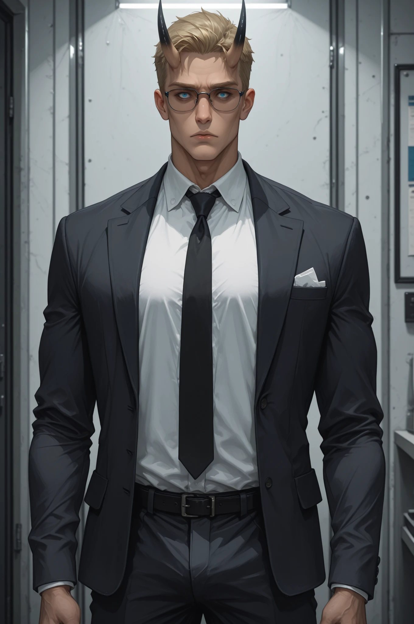 safe_pos, score_9, score_8_up, score_7_up (zPDXL3)  Stable_Yogis_PDXL_Positives,  BREAK inside, Facility, government_facility, command room

1guy, solo, tall, (light_skin_tone:1.3), muscular_arms, short_hair, blonde_hair, black nails, Oni_horns, long_fangs, tired_expression, hollow_eyes, blue_eyes, standing, (Missing_left_arm:1.3), white_shirt, black_tie, suit_pants, black_blazer, sun_glasses, side_view, looking at viewer, Mature looks, 8k, (masterpiece) Expressiveh