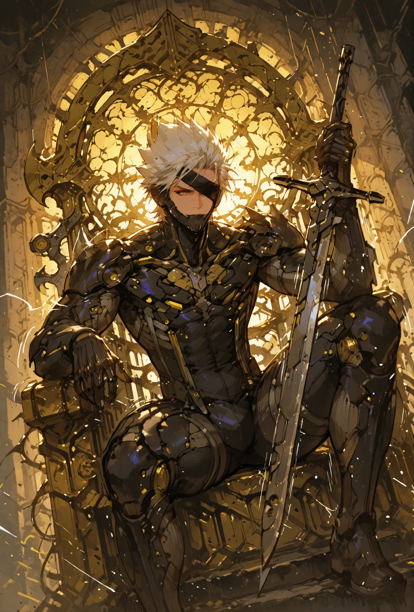,Raiden,MGR, siting in a metal throne, holding a metal sword, Def, male focus, muscular male, white hair, spiked hair, short hair, cyborg, mechanical chin, bodysuit, eyepatch, one eye covered,extremely detailed,dynamic lighting,best quality,,,best quality,high quality,, , dynamic angle, , thick thighs, motion lines,, , solo, perfect eyes,siting in a metal throne,DETAIL,MASTERPIECE,,Expressiveh, ultra detailed,,,,very detailed,extremely detailed,dynamic lighting,best quality,
